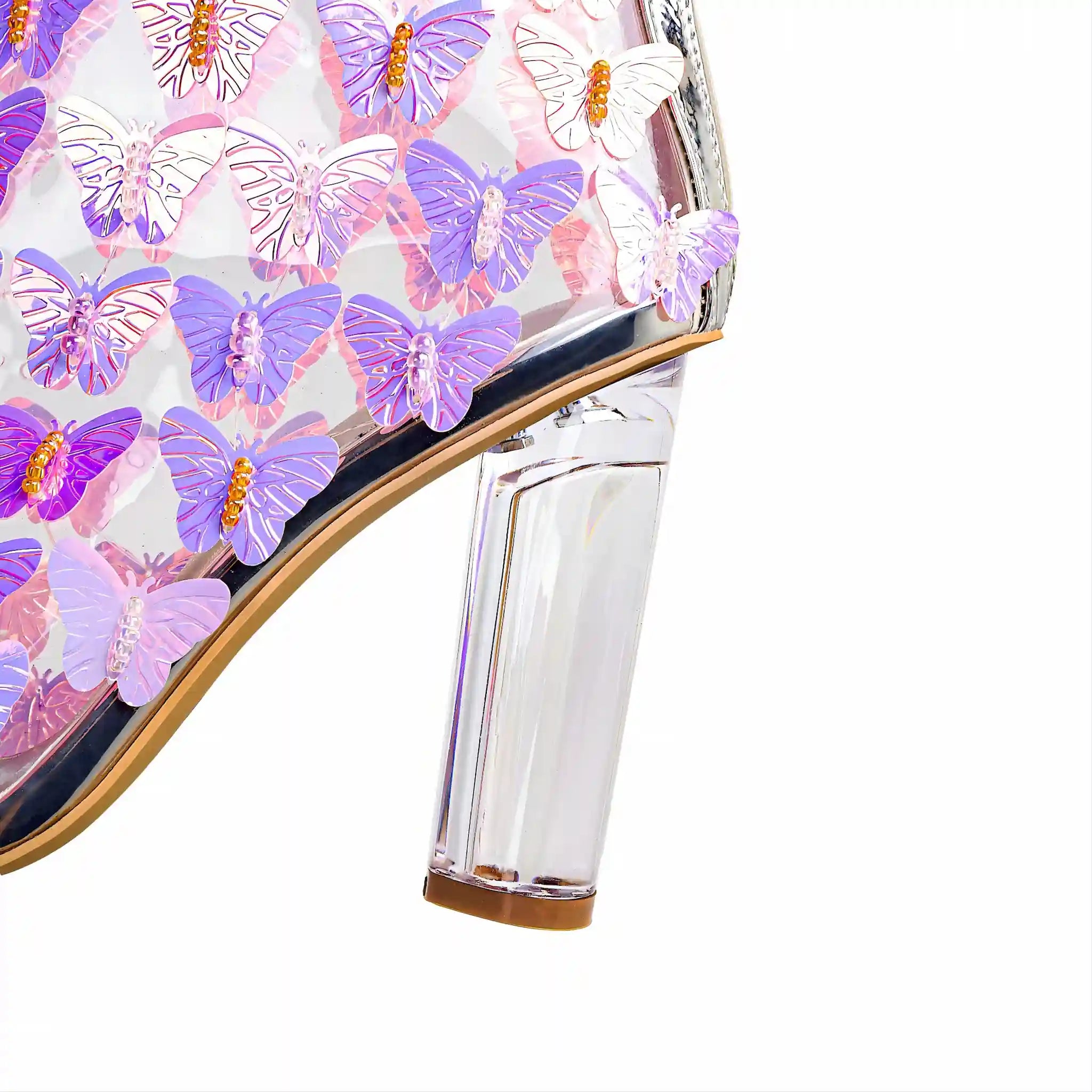 Whimsical Sheer Ankle Boots with Purple & Pink Butterfly Embellishments
