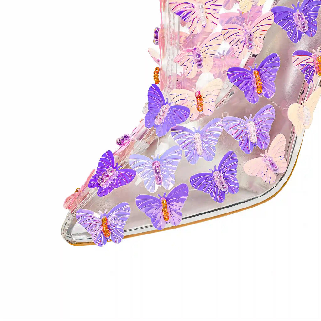 Whimsical Sheer Ankle Boots with Purple & Pink Butterfly Embellishments