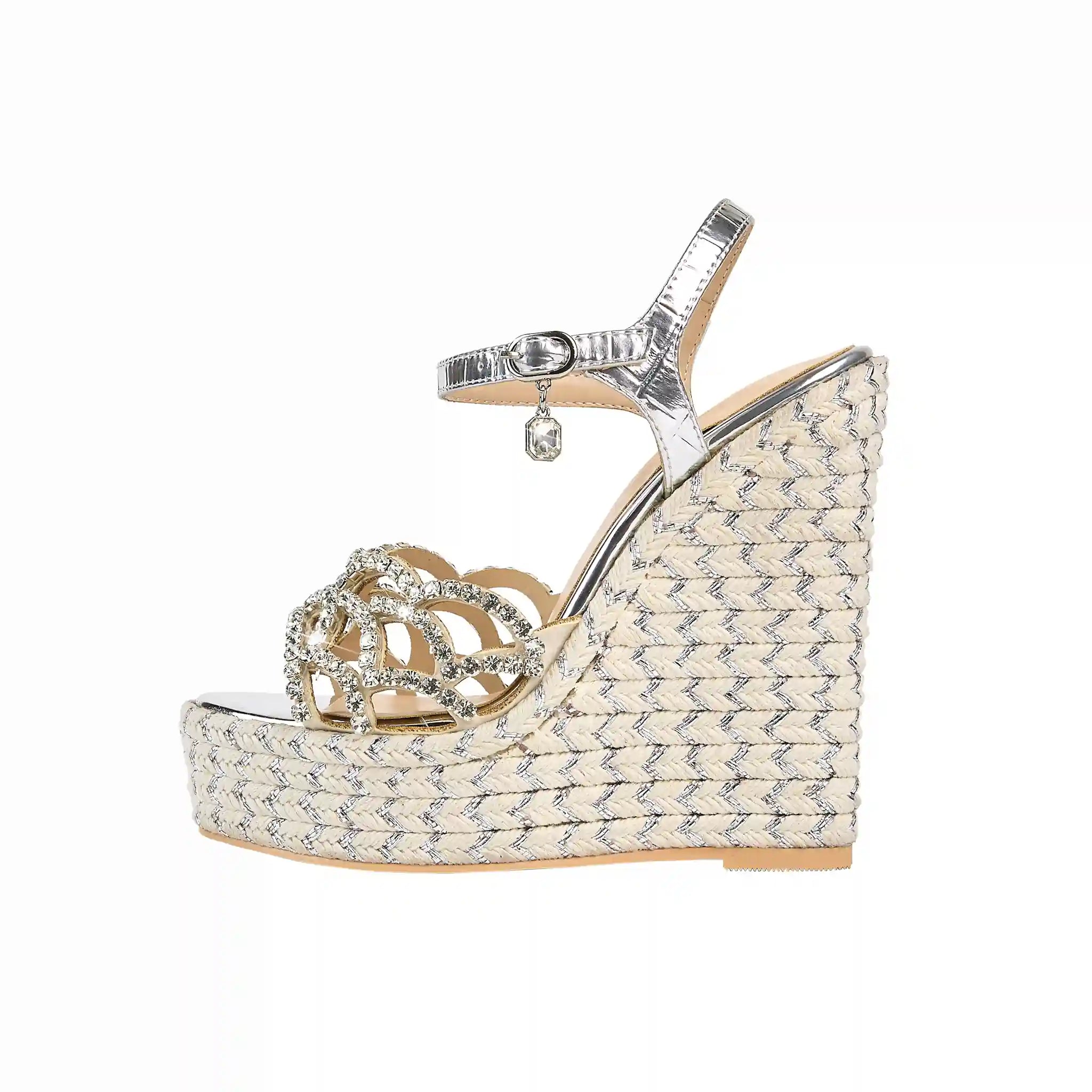 Rhinestone-Embellished Metallic Wedge Espadrille Sandals