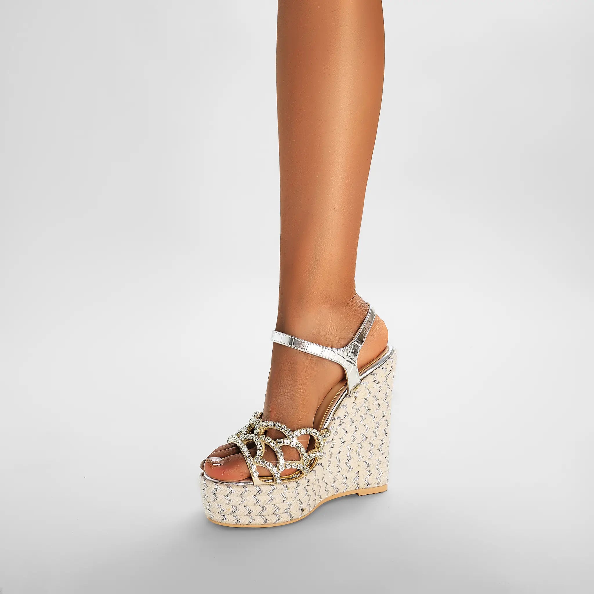 Rhinestone-Embellished Metallic Wedge Espadrille Sandals