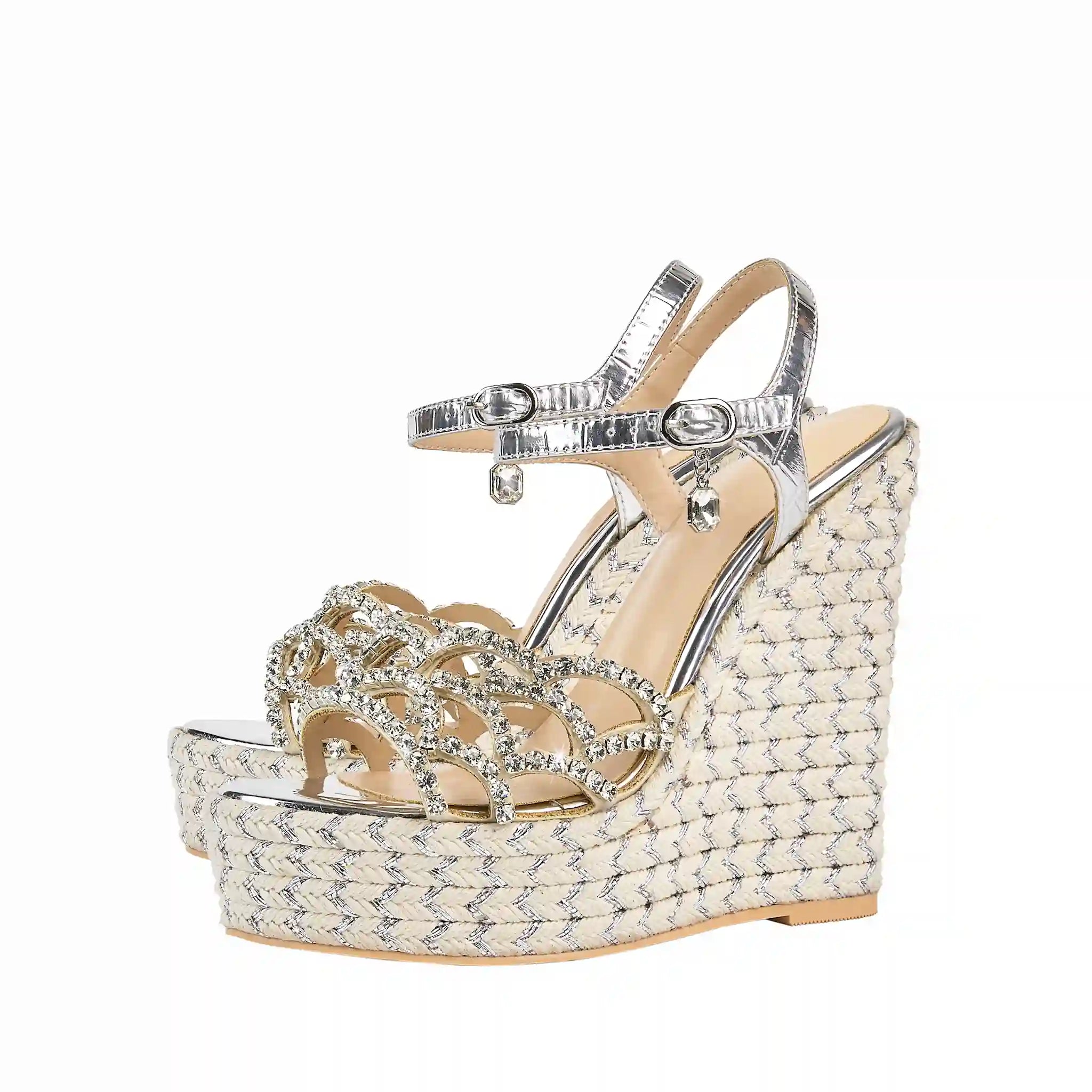 Rhinestone-Embellished Metallic Wedge Espadrille Sandals
