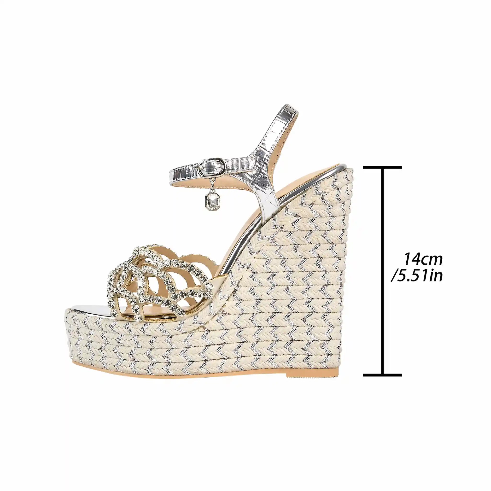 Rhinestone-Embellished Metallic Wedge Espadrille Sandals