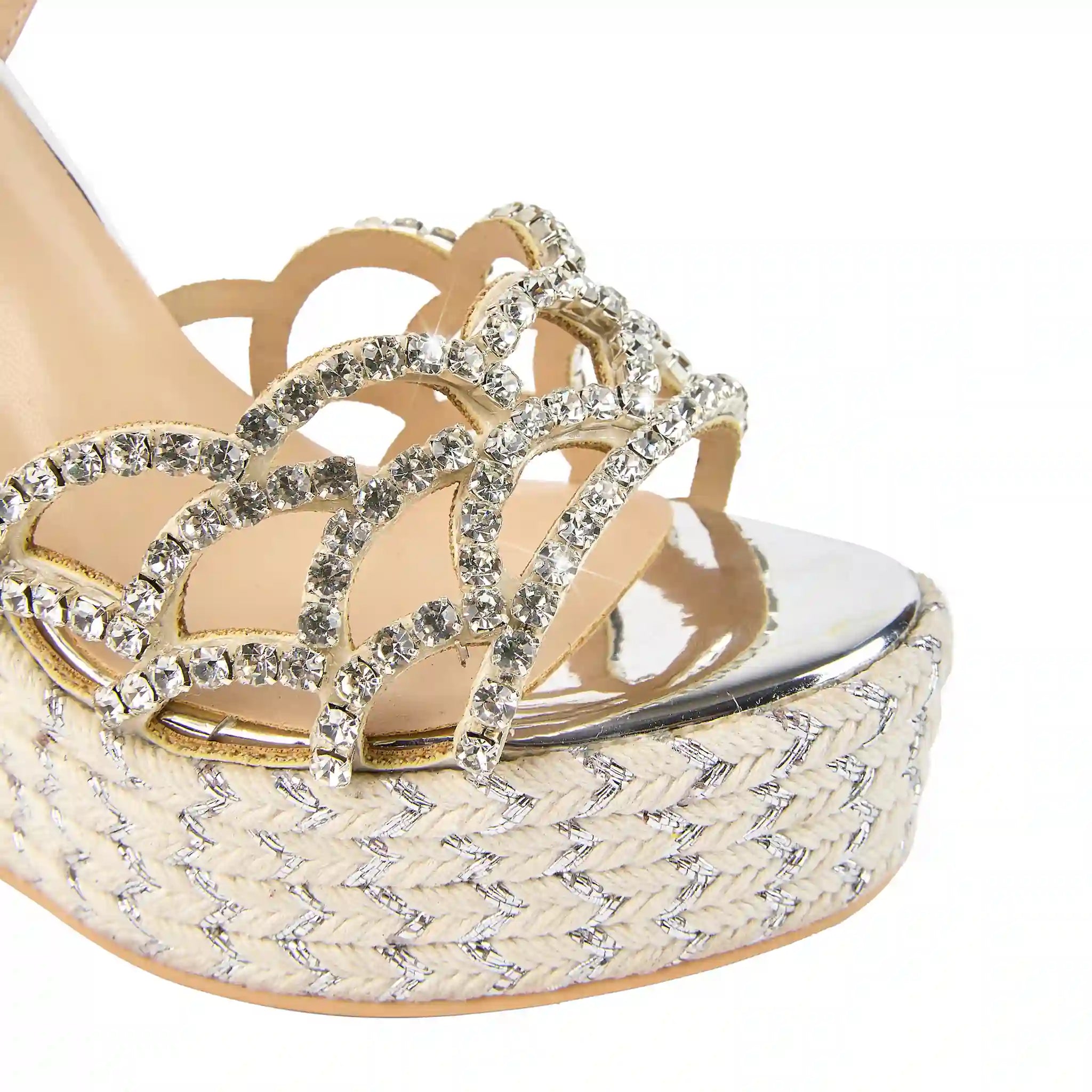 Rhinestone-Embellished Metallic Wedge Espadrille Sandals