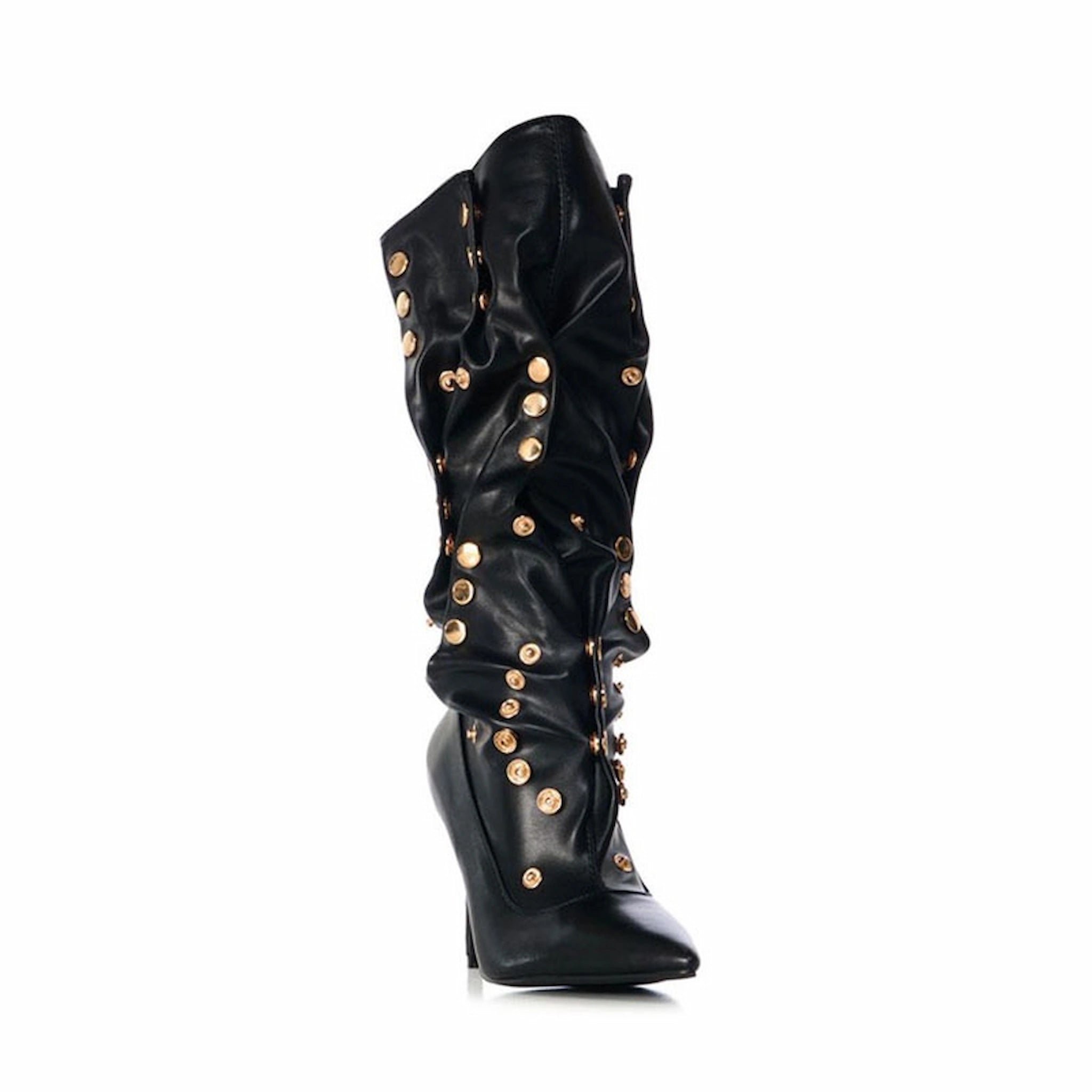 Edgy Black Slouchy Knee Boots with Gold Stud Accents