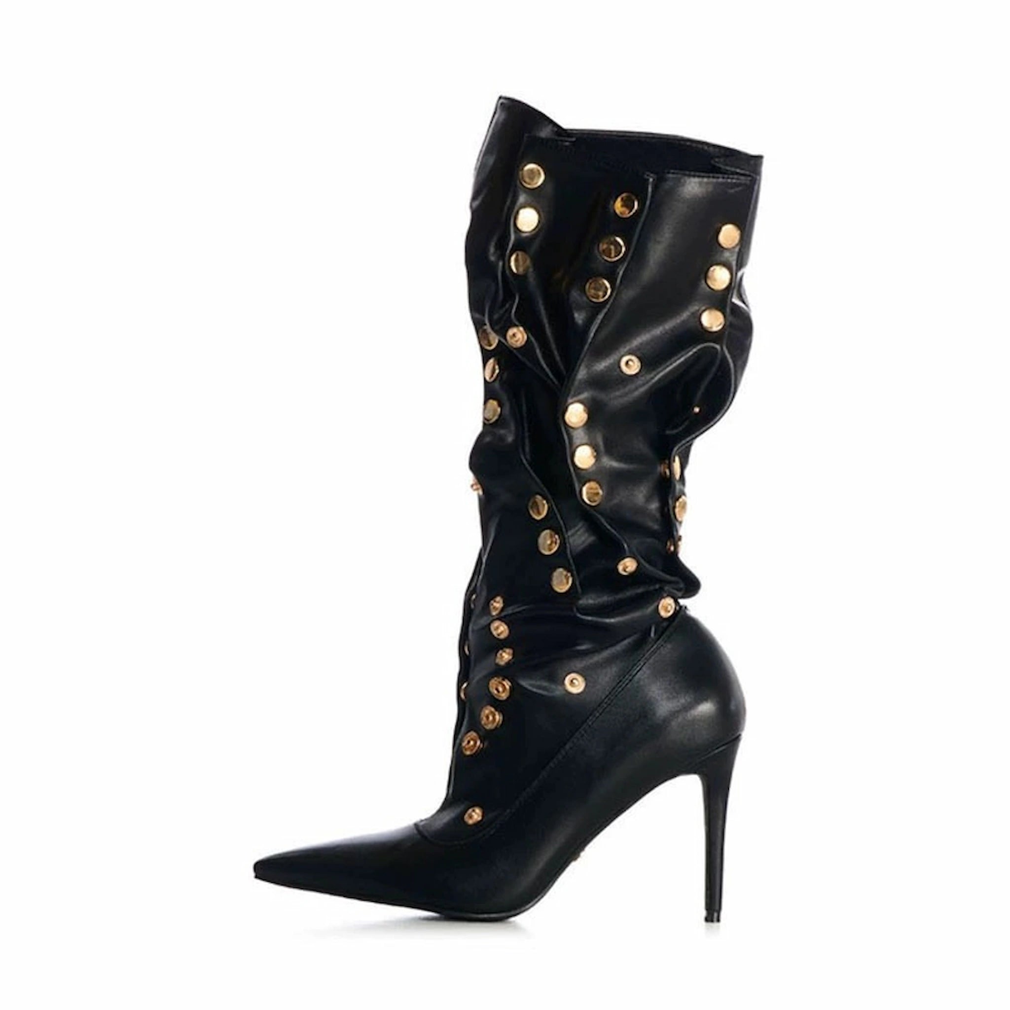 Edgy Black Slouchy Knee Boots with Gold Stud Accents