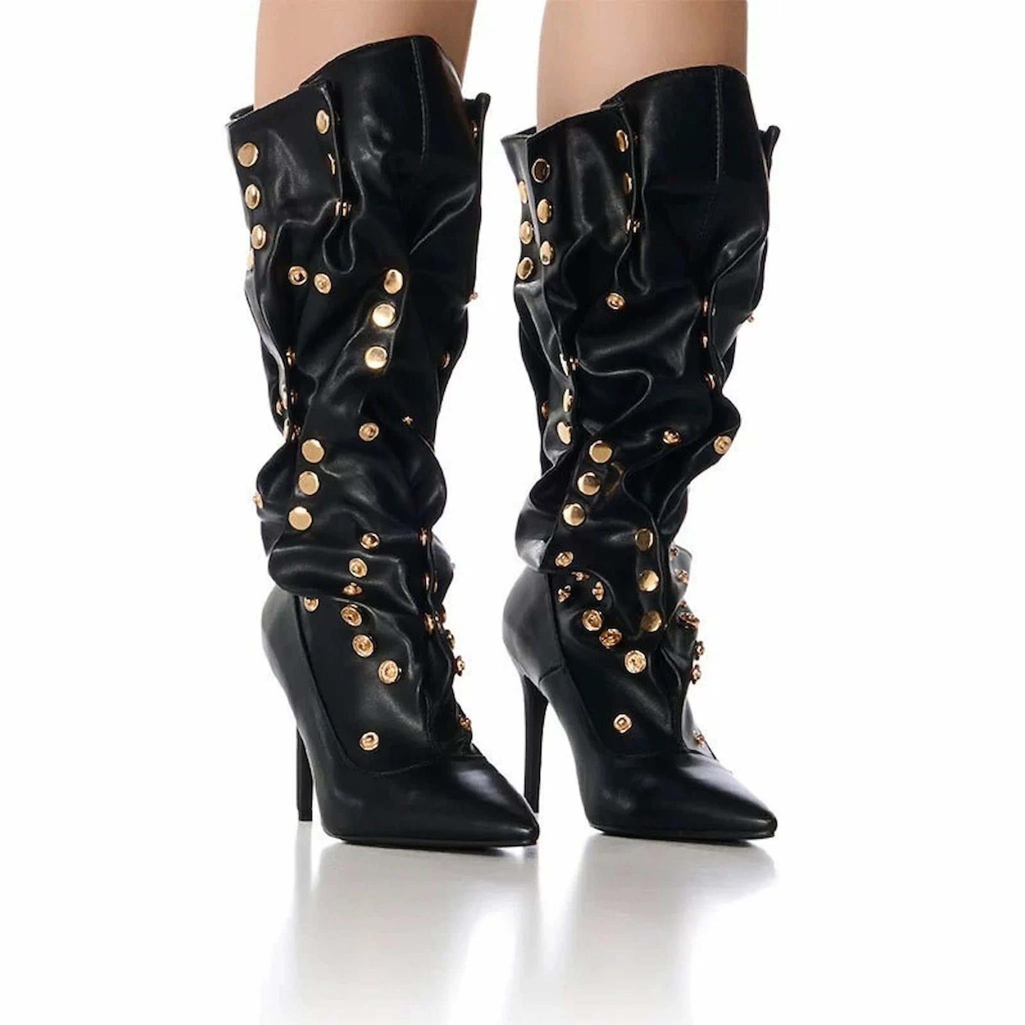 Edgy Black Slouchy Knee Boots with Gold Stud Accents