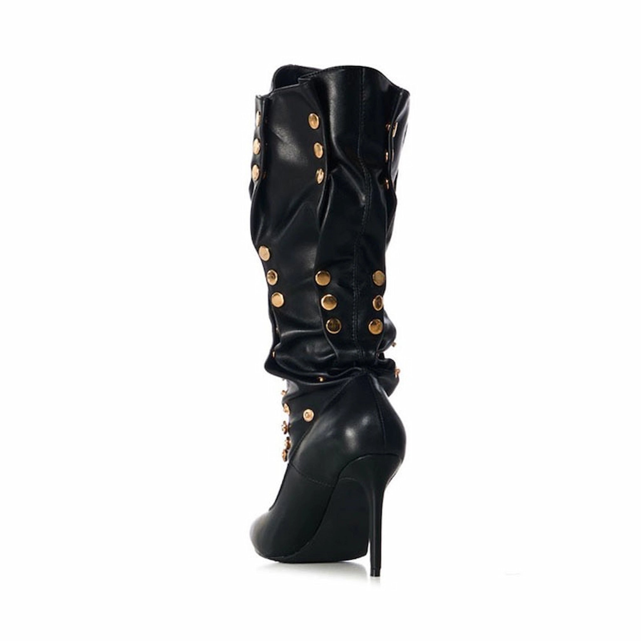 Edgy Black Slouchy Knee Boots with Gold Stud Accents