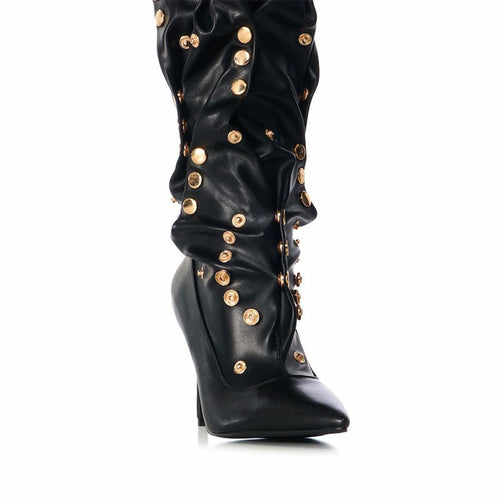Edgy Black Slouchy Knee Boots with Gold Stud Accents