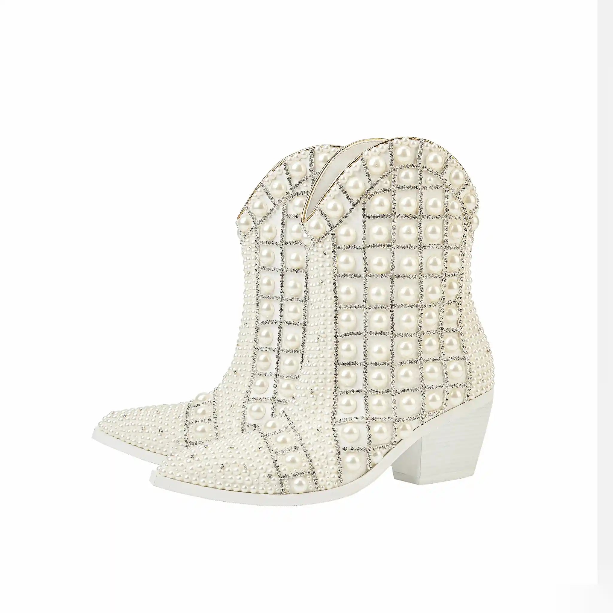Elegant Pearl-Encrusted White Western Cowboy Boots