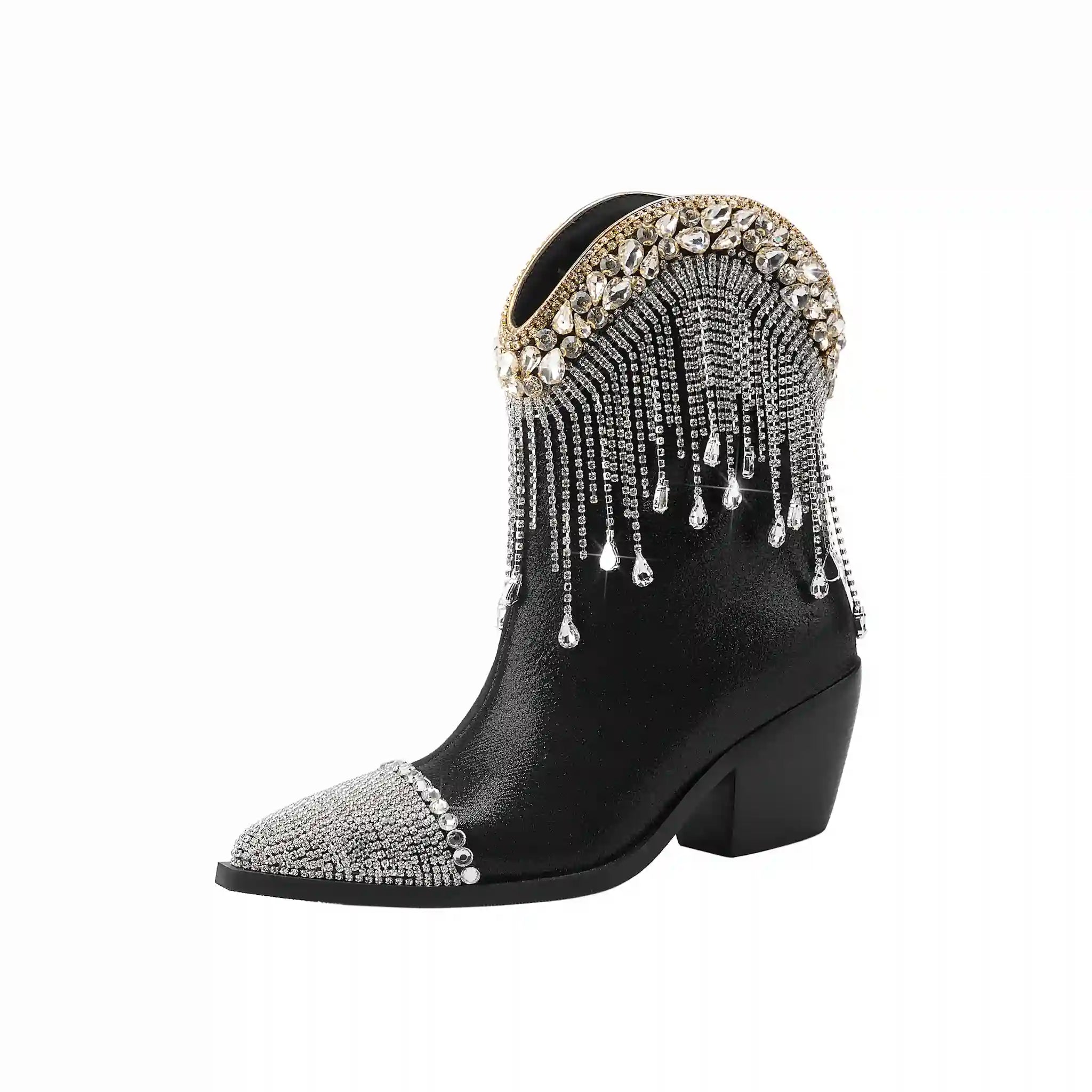 Glam Black Cowboy Ankle Boots with Crystal Fringe & Studded Accents