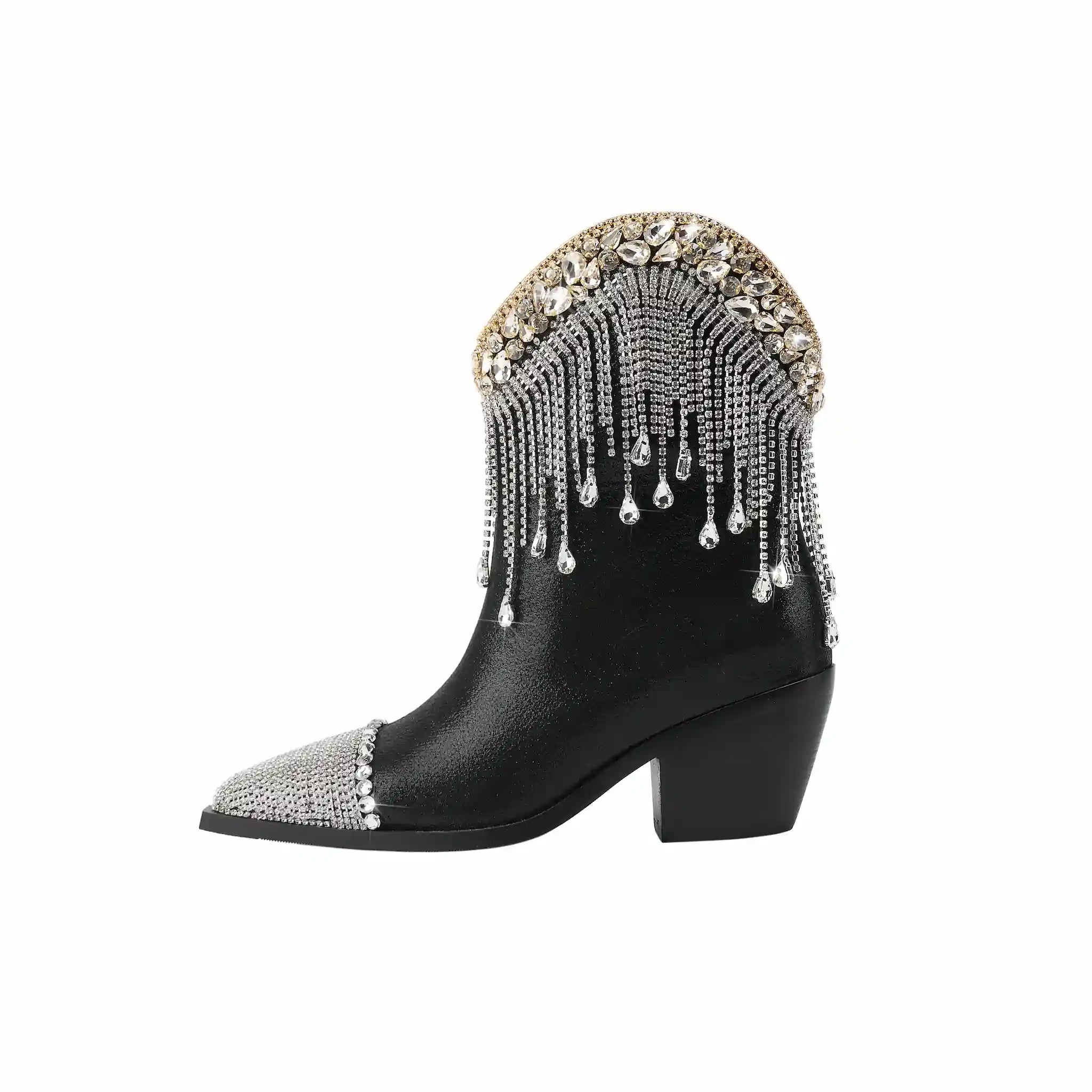 Glam Black Cowboy Ankle Boots with Crystal Fringe & Studded Accents