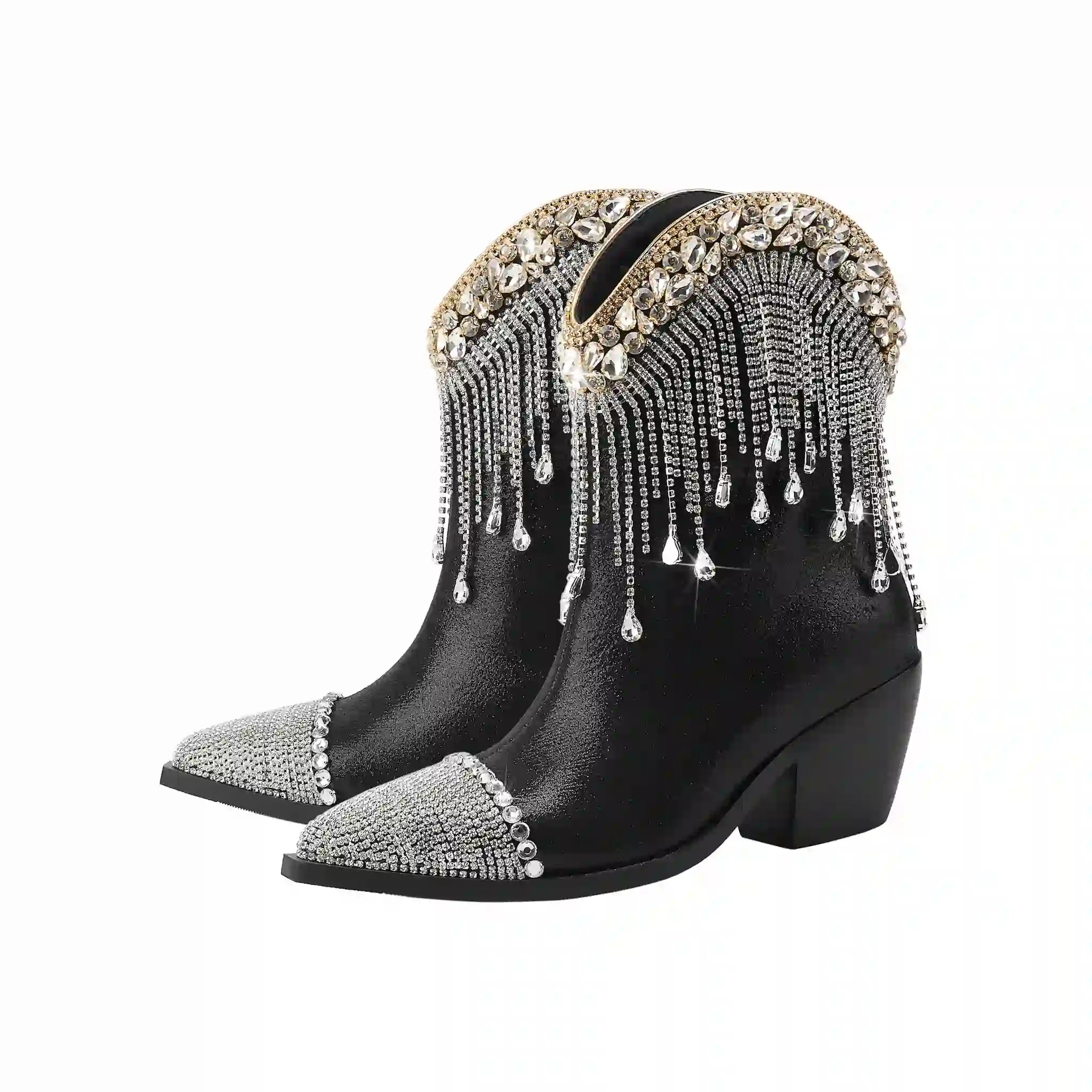 Glam Black Cowboy Ankle Boots with Crystal Fringe & Studded Accents