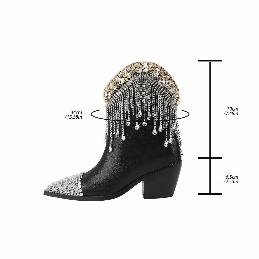 Glam Black Cowboy Ankle Boots with Crystal Fringe & Studded Accents