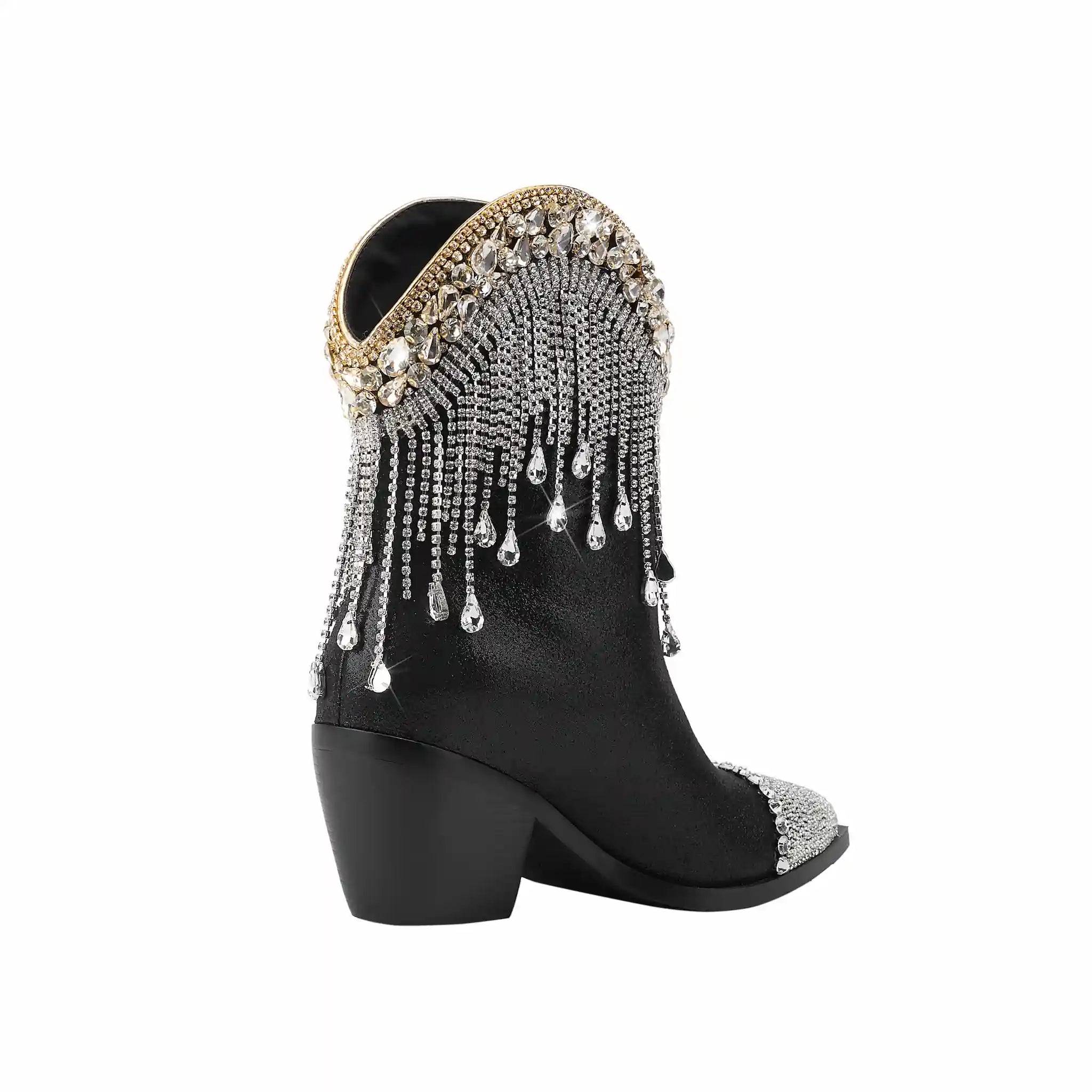 Glam Black Cowboy Ankle Boots with Crystal Fringe & Studded Accents