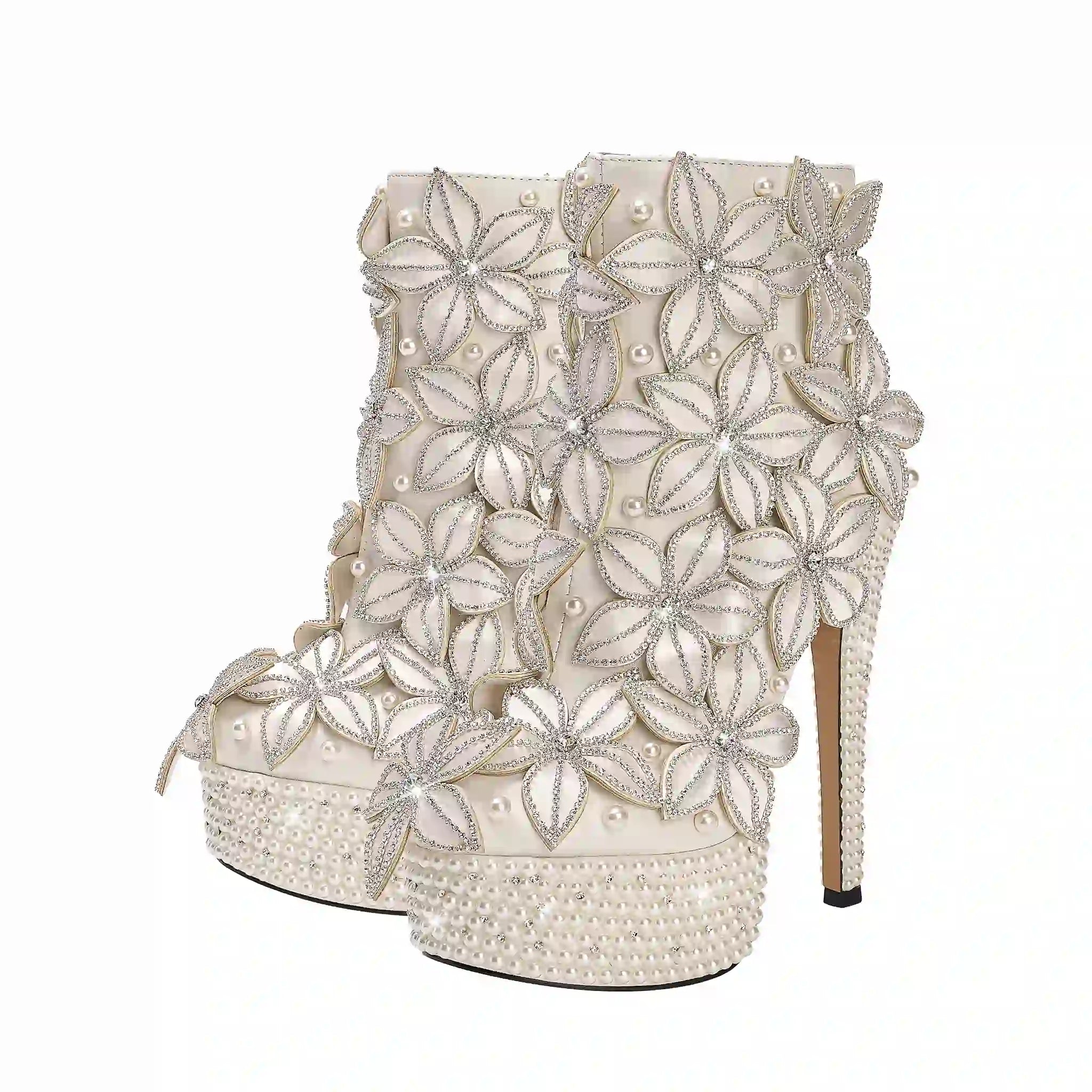 Glam White Ankle Boots with 3D Floral Embellishments & Pearl Platform