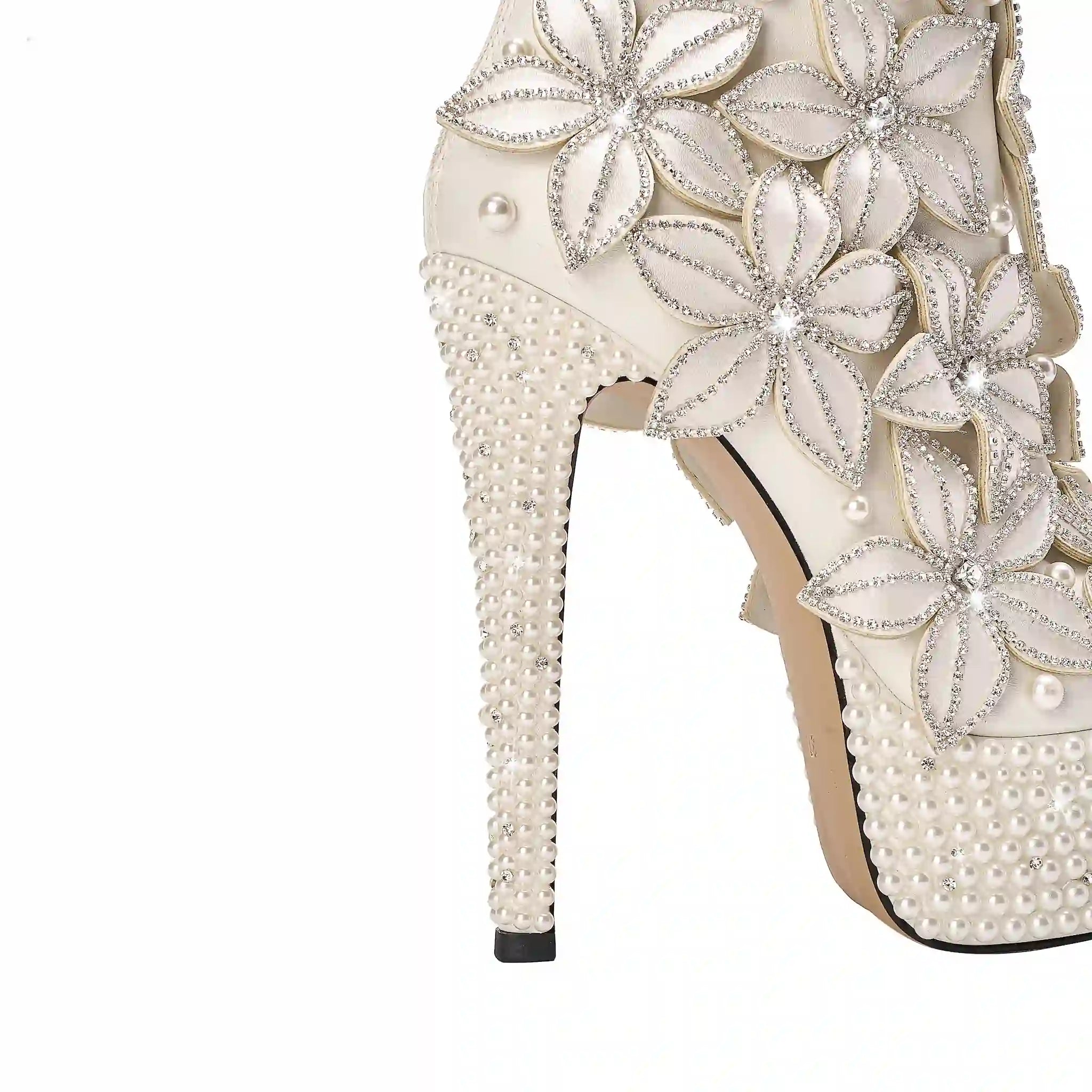 Glam White Ankle Boots with 3D Floral Embellishments & Pearl Platform