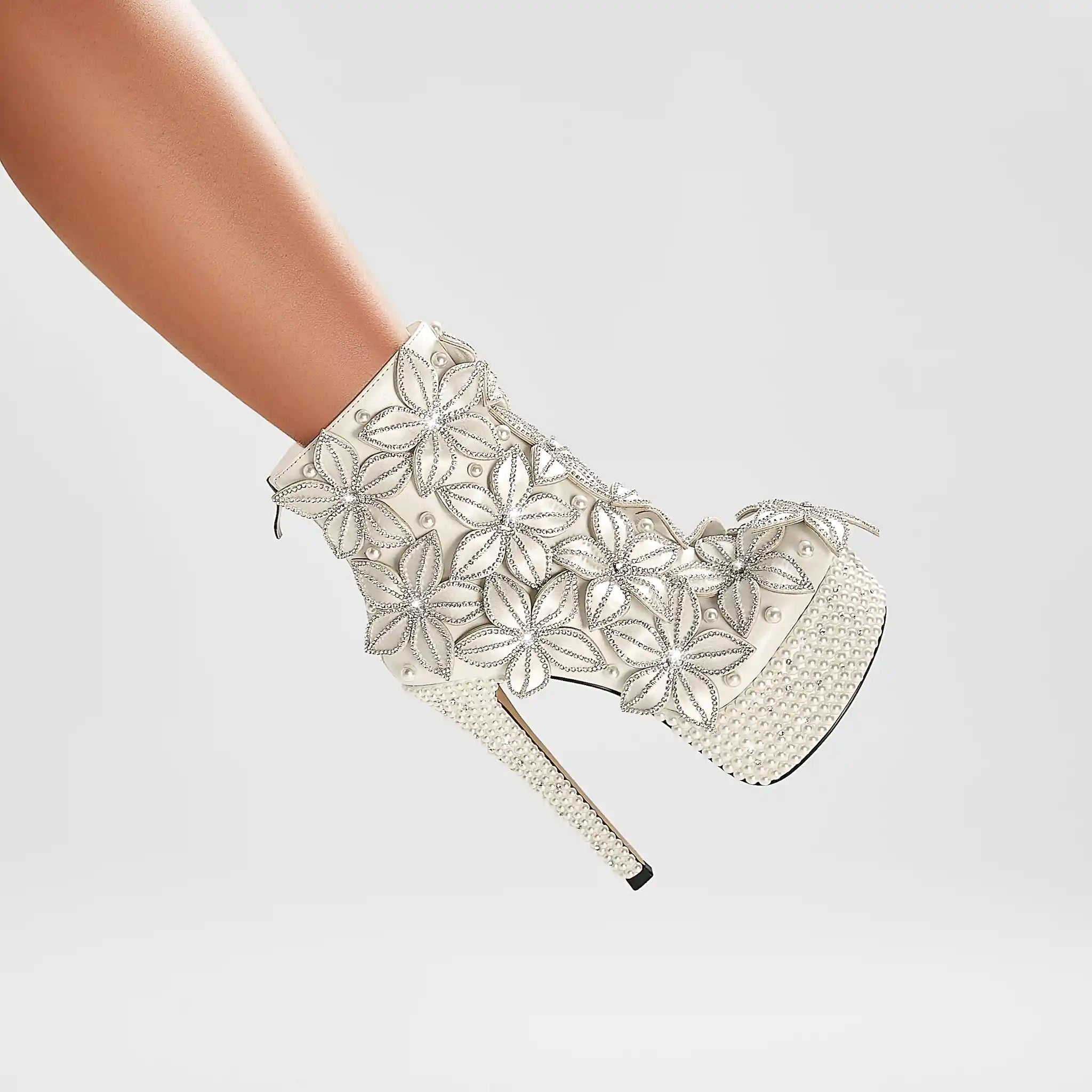 Glam White Ankle Boots with 3D Floral Embellishments & Pearl Platform