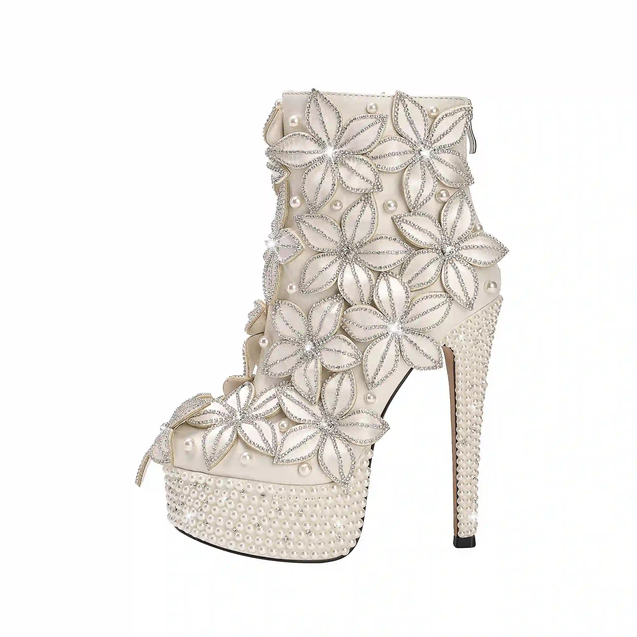 Glam White Ankle Boots with 3D Floral Embellishments & Pearl Platform