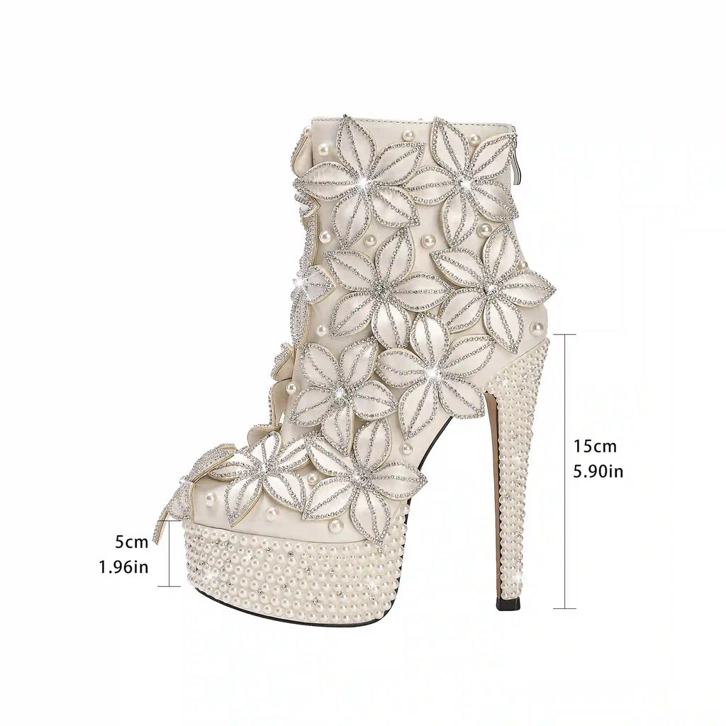 Glam White Ankle Boots with 3D Floral Embellishments & Pearl Platform