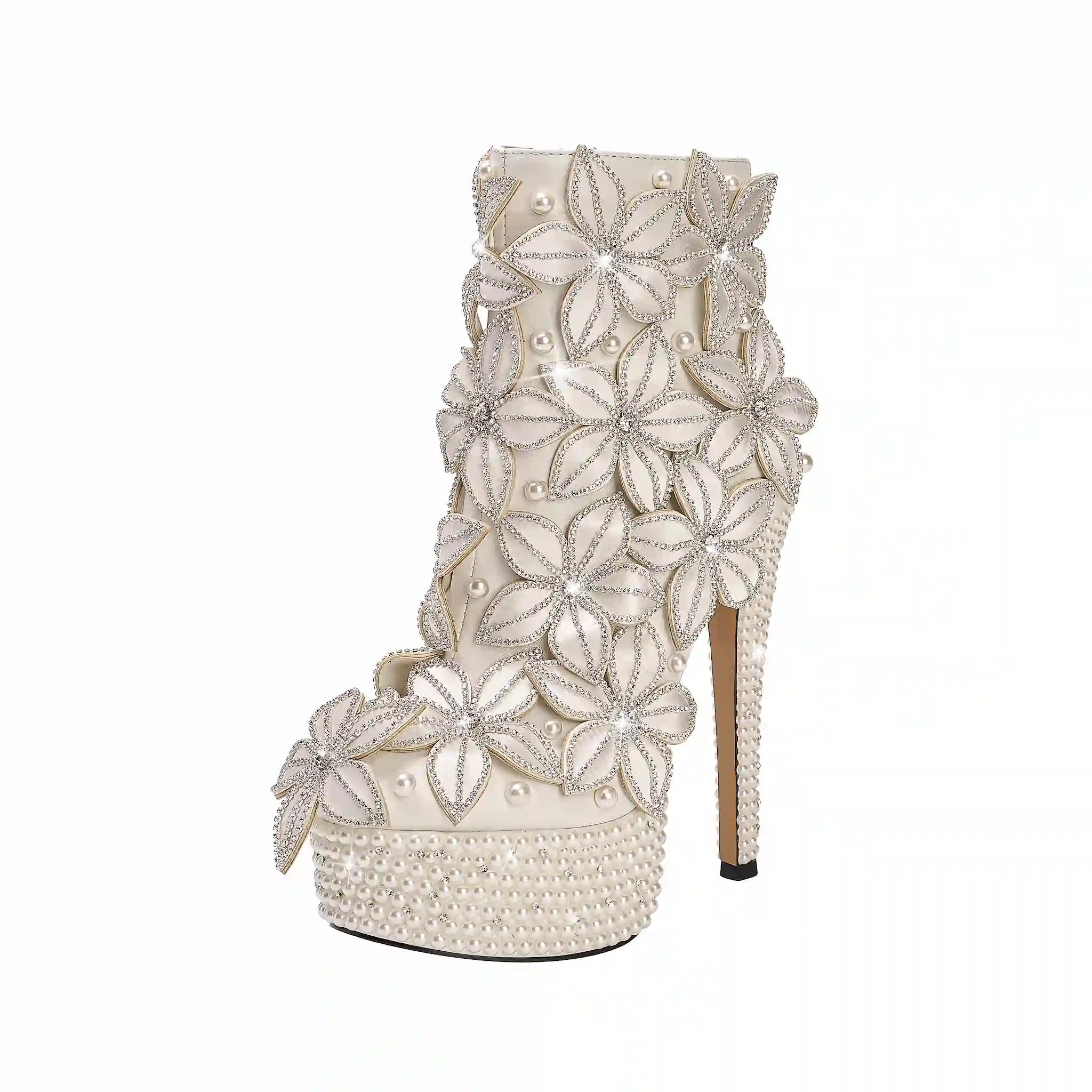Glam White Ankle Boots with 3D Floral Embellishments & Pearl Platform