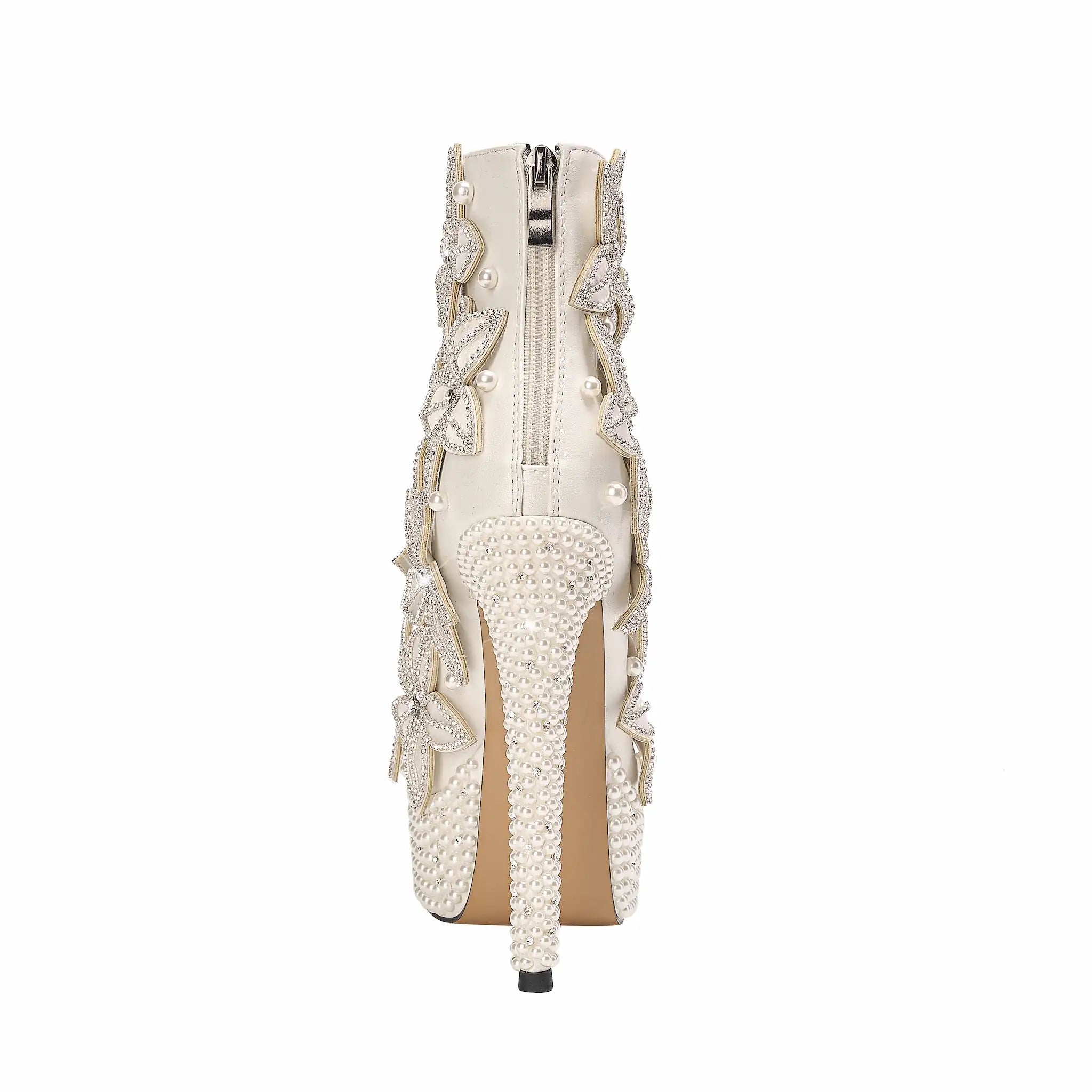 Glam White Ankle Boots with 3D Floral Embellishments & Pearl Platform
