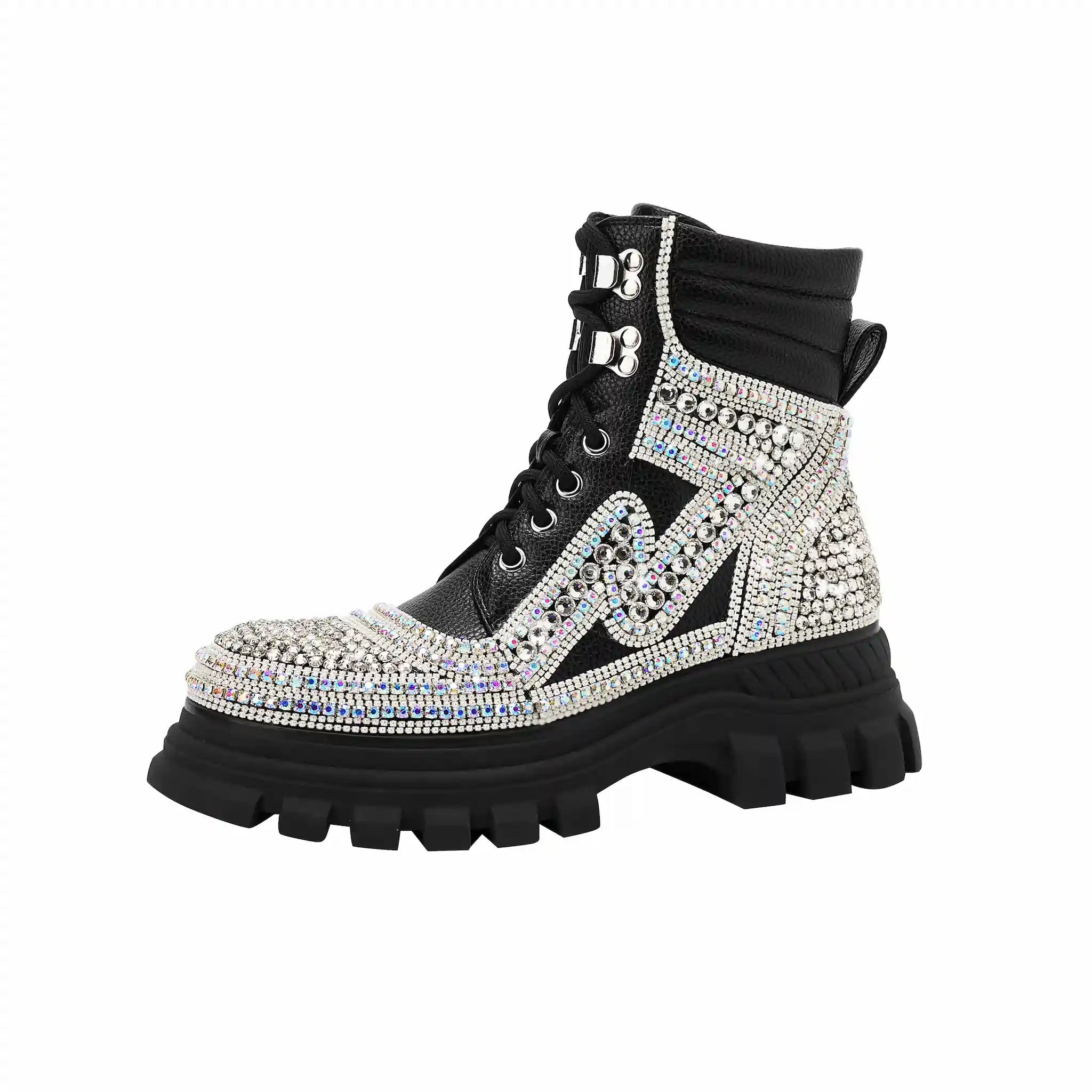 Sparkly Rhinestone-Embellished Platform Combat Boots