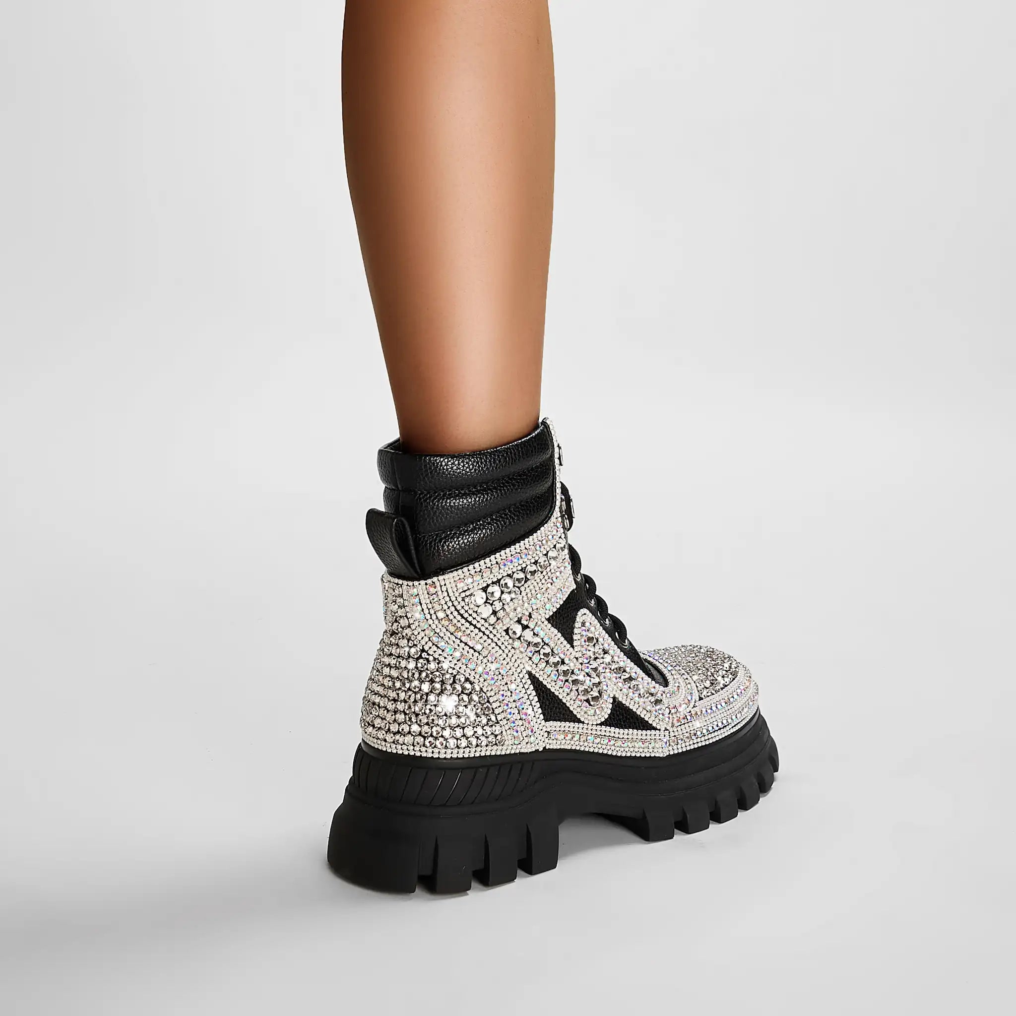 Sparkly Rhinestone-Embellished Platform Combat Boots