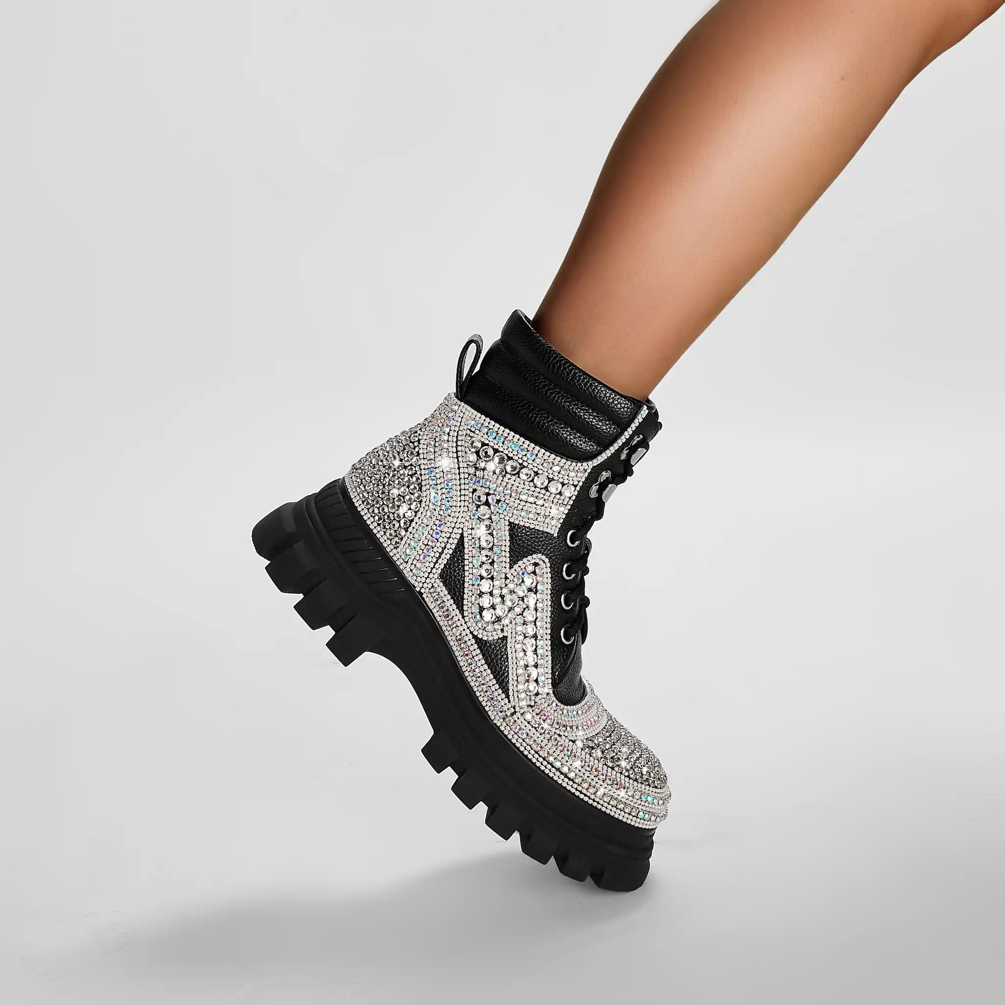 Sparkly Rhinestone-Embellished Platform Combat Boots
