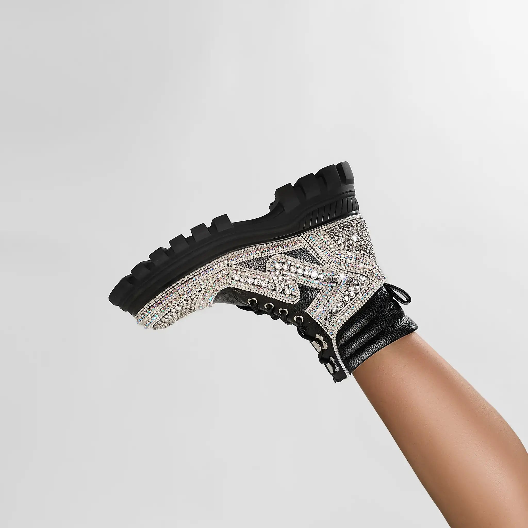Sparkly Rhinestone-Embellished Platform Combat Boots