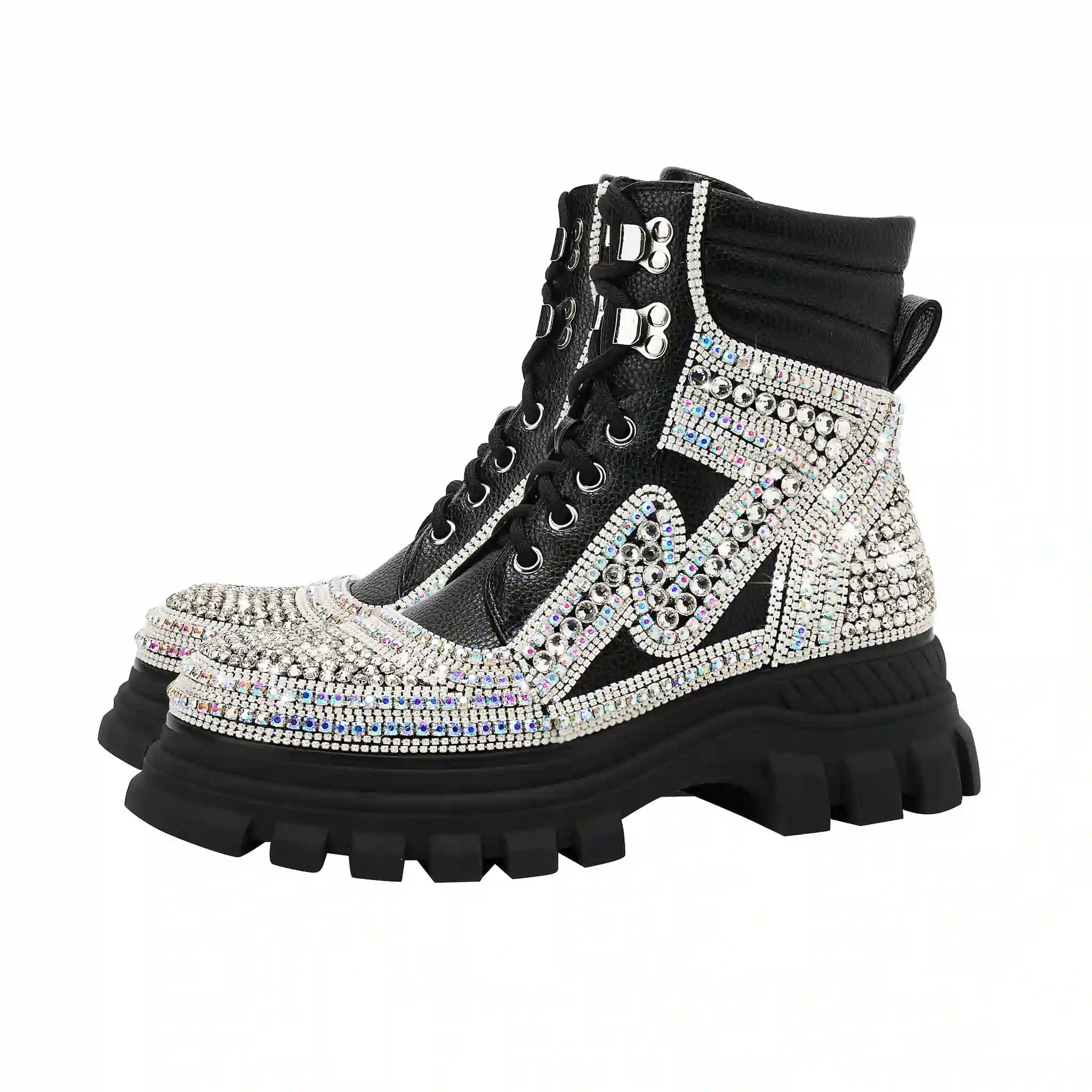 Sparkly Rhinestone-Embellished Platform Combat Boots