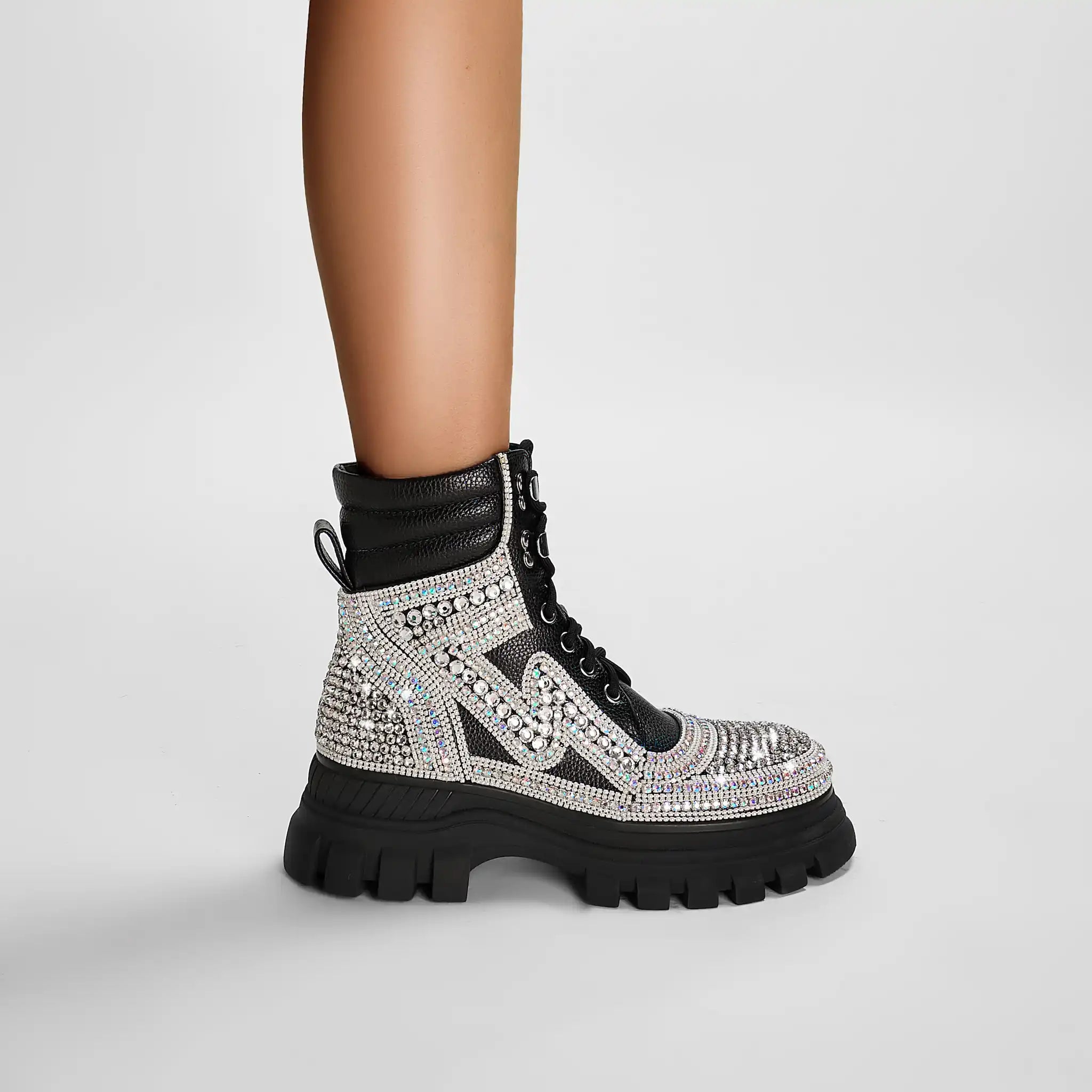 Sparkly Rhinestone-Embellished Platform Combat Boots