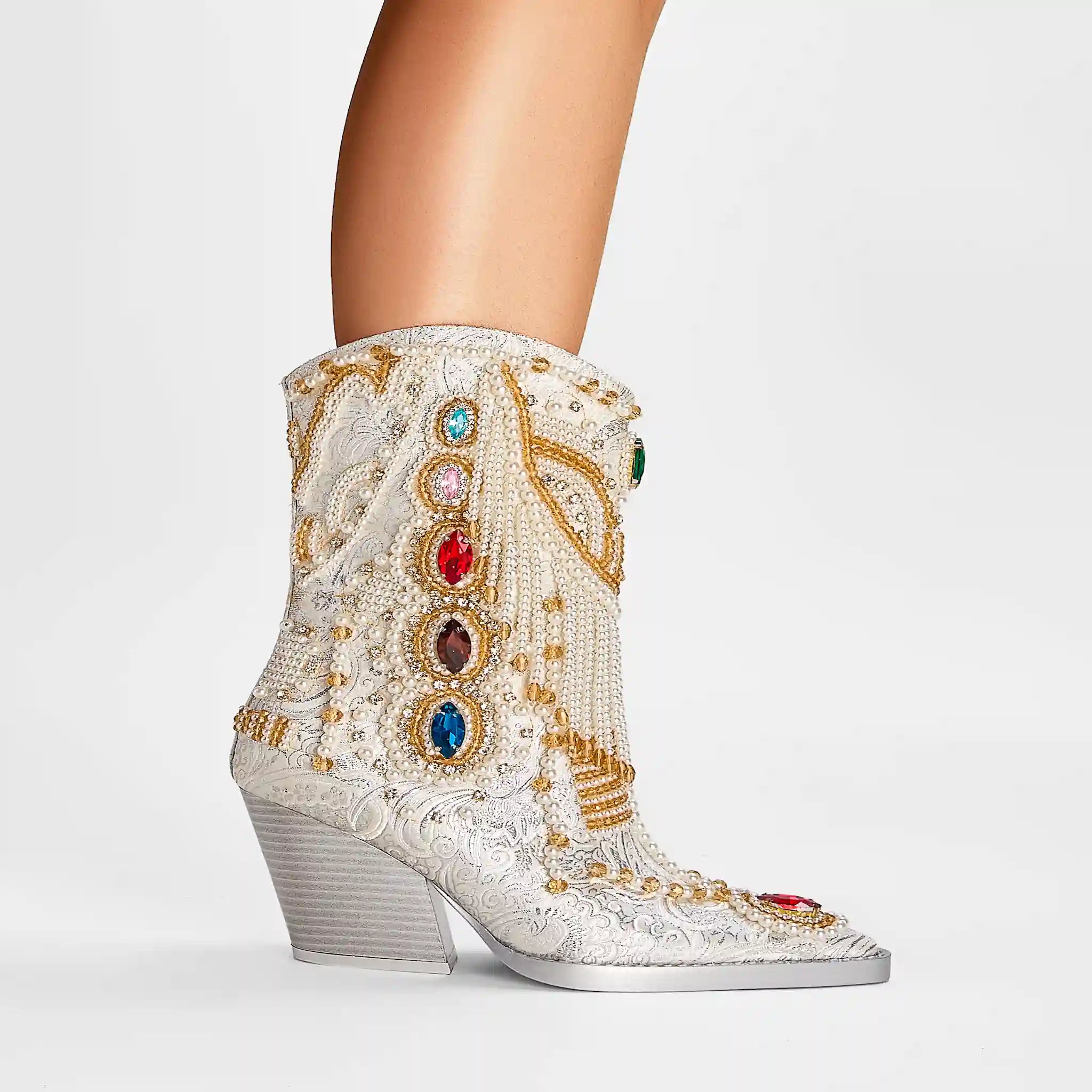 Glamorous Pearl-Embellished Western Cowboy Boots with Colorful Gemstone Accents