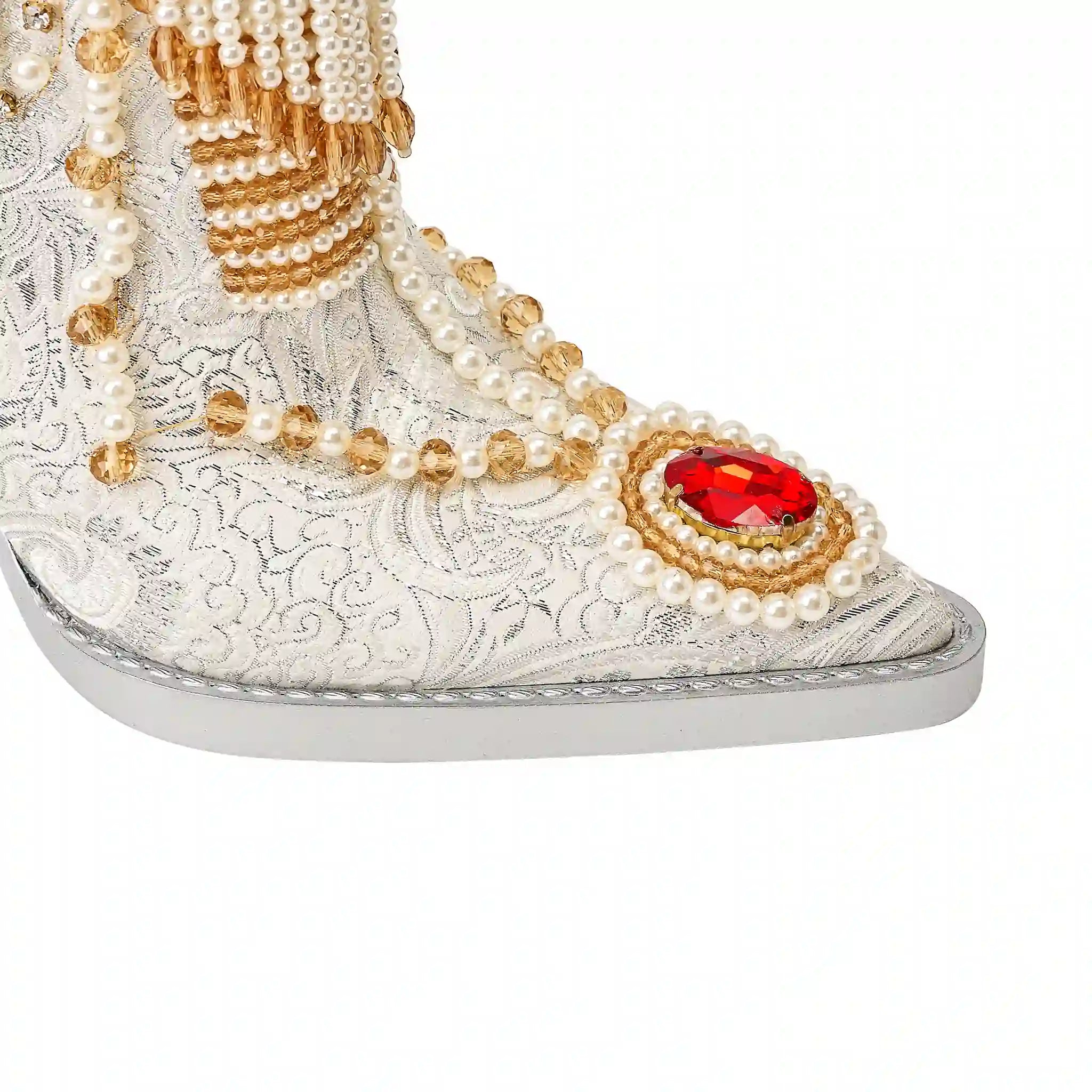 Glamorous Pearl-Embellished Western Cowboy Boots with Colorful Gemstone Accents
