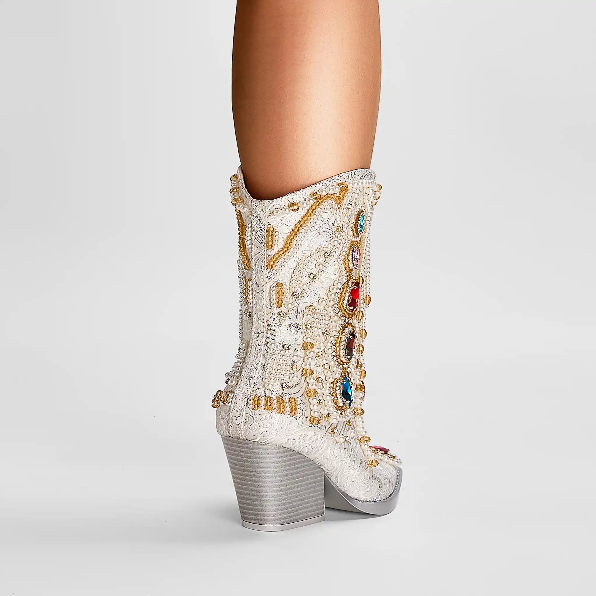 Glamorous Pearl-Embellished Western Cowboy Boots with Colorful Gemstone Accents