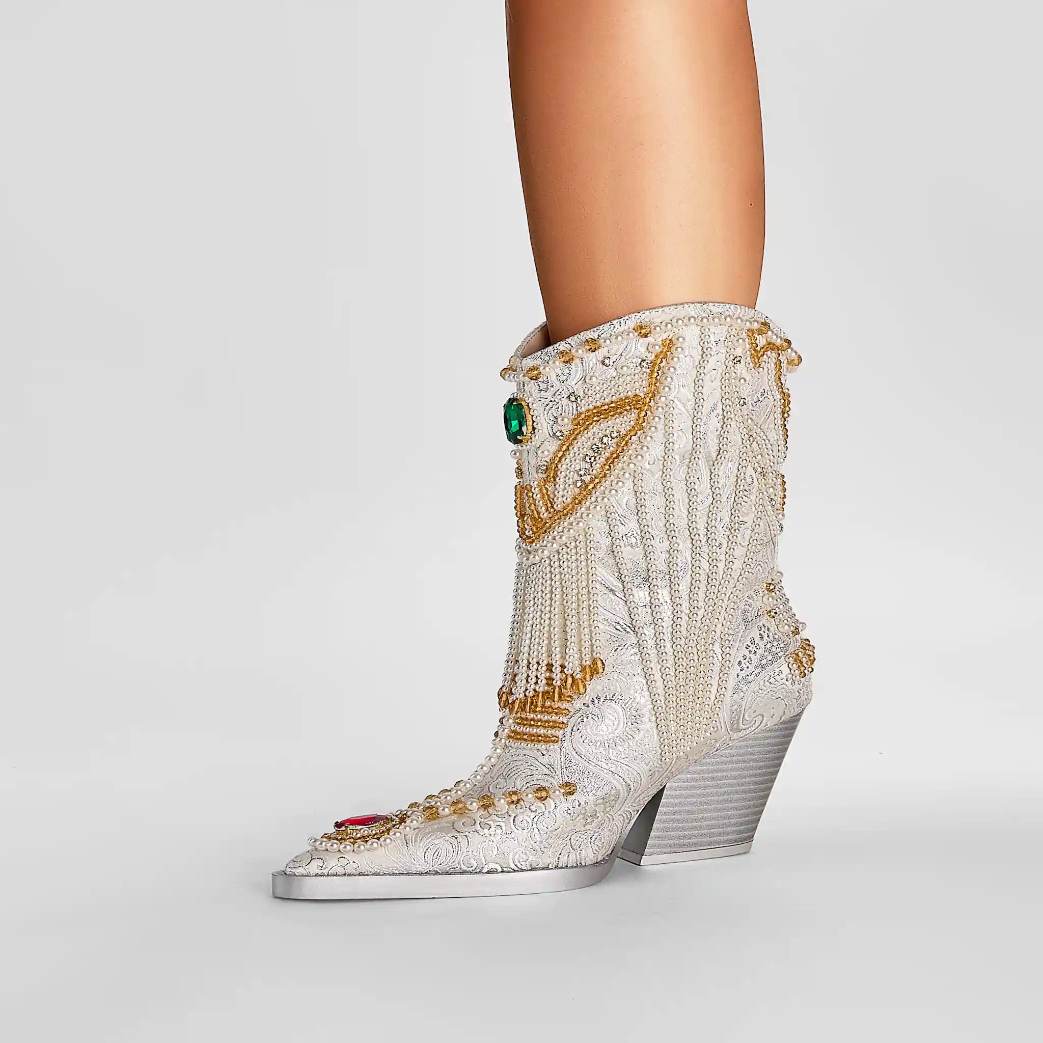 Glamorous Pearl-Embellished Western Cowboy Boots with Colorful Gemstone Accents