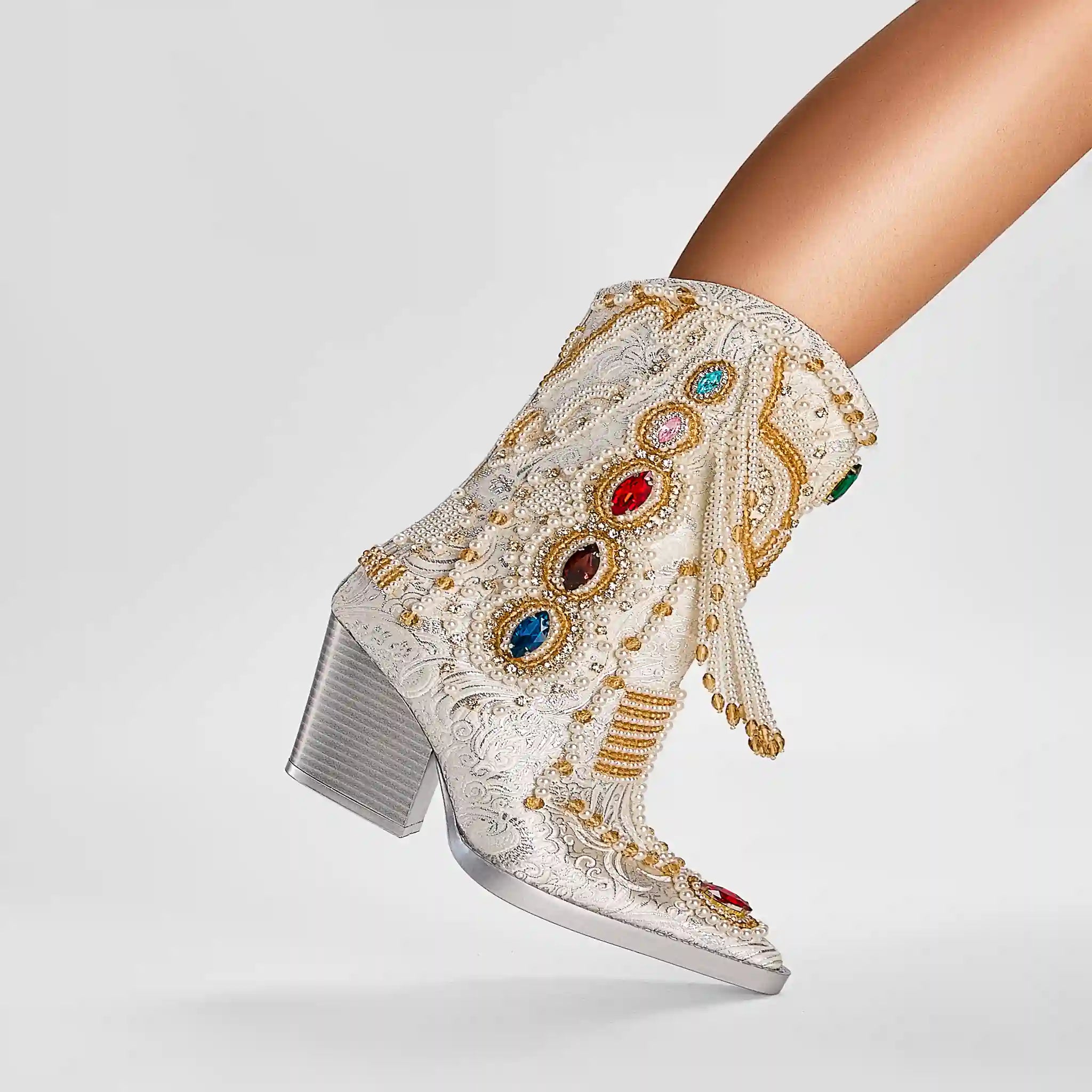 Glamorous Pearl-Embellished Western Cowboy Boots with Colorful Gemstone Accents