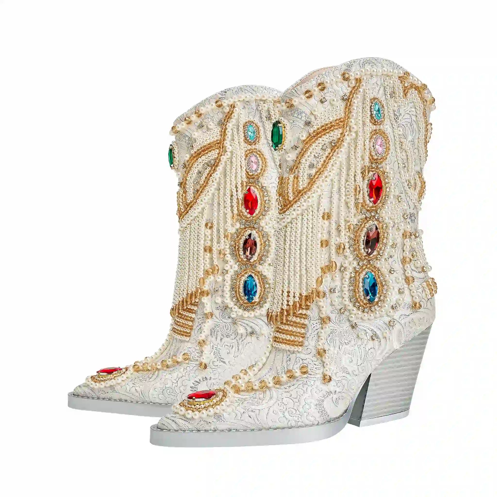 Glamorous Pearl-Embellished Western Cowboy Boots with Colorful Gemstone Accents