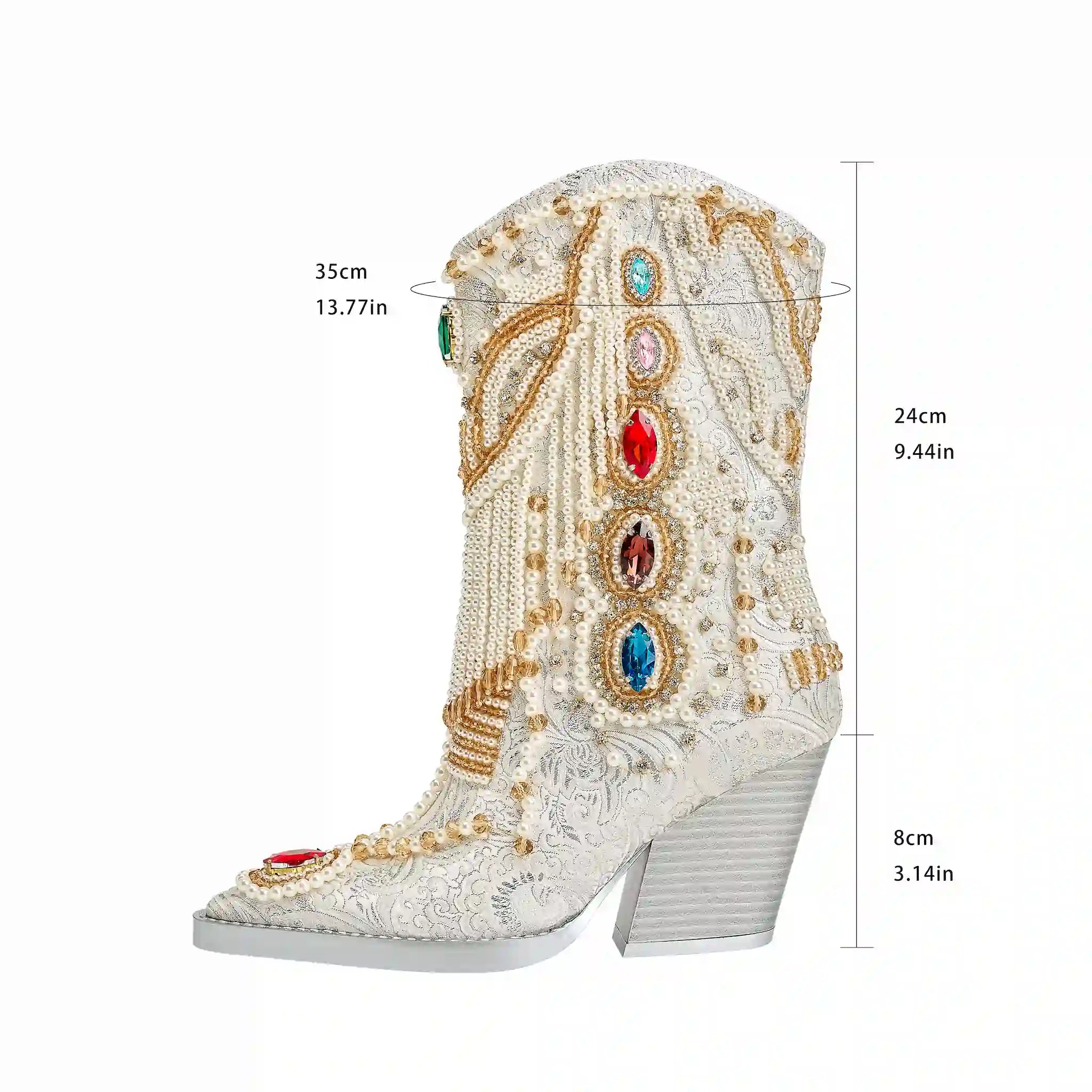 Glamorous Pearl-Embellished Western Cowboy Boots with Colorful Gemstone Accents
