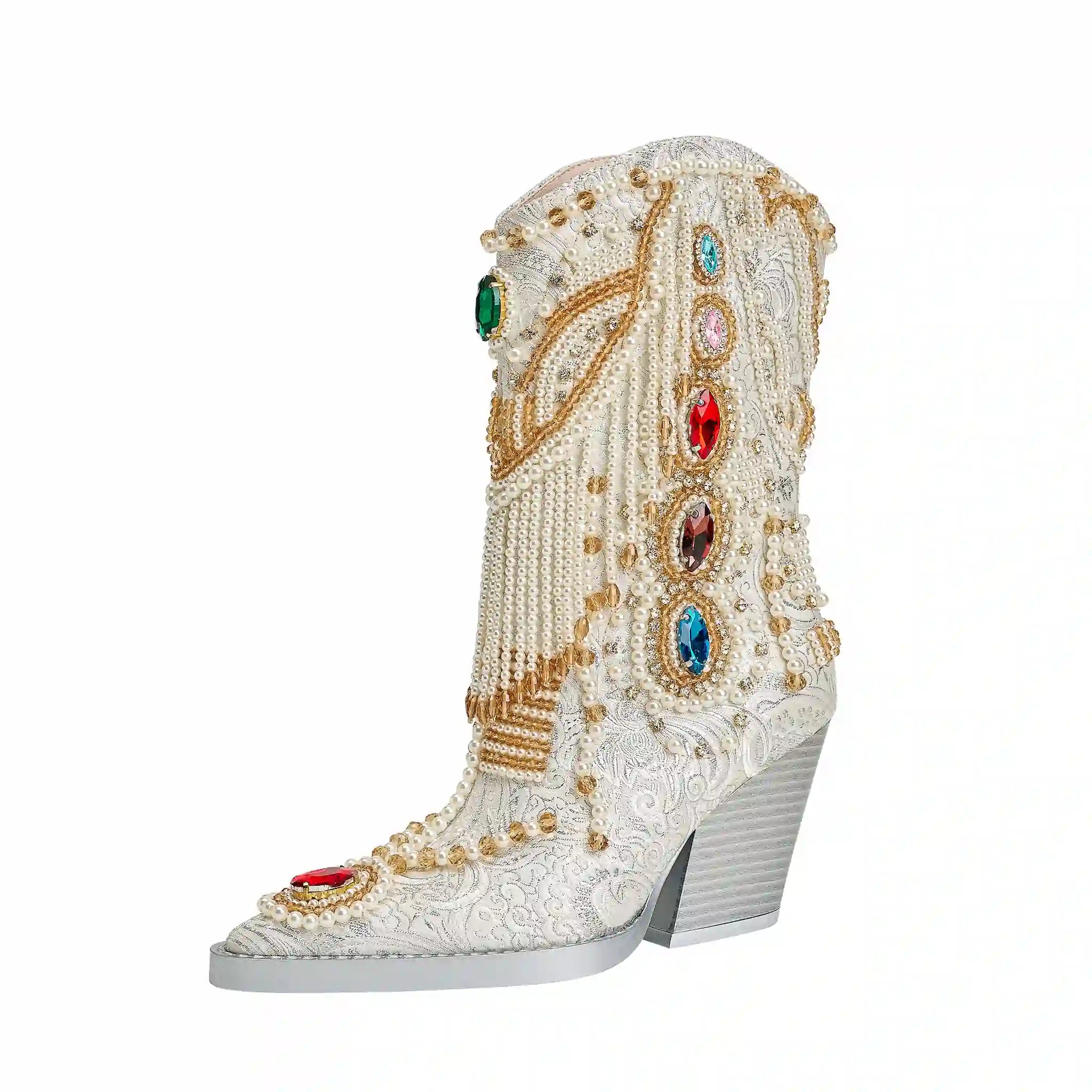 Glamorous Pearl-Embellished Western Cowboy Boots with Colorful Gemstone Accents