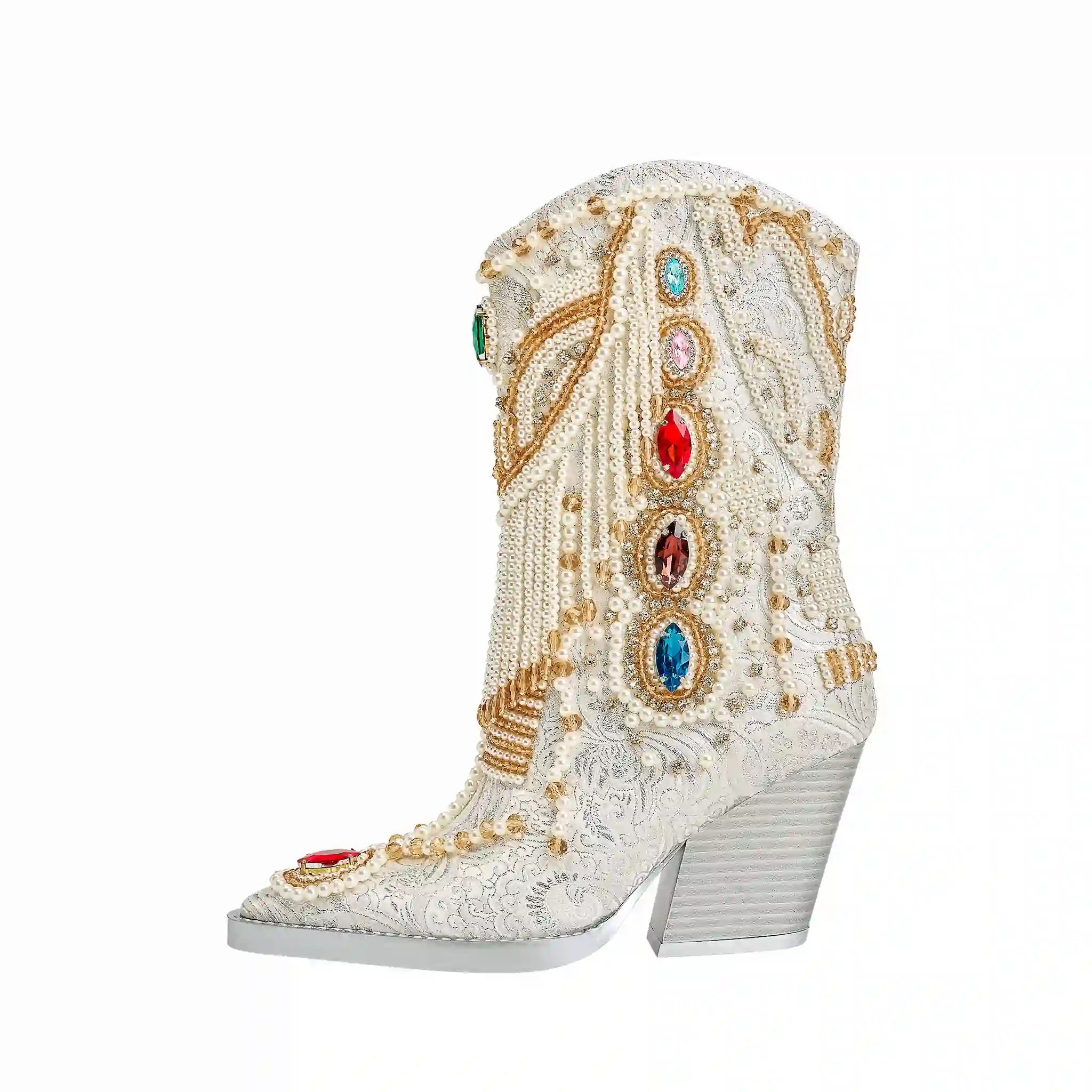 Glamorous Pearl-Embellished Western Cowboy Boots with Colorful Gemstone Accents