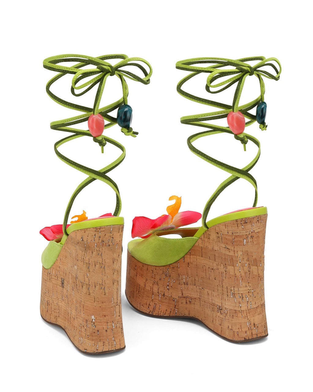 Green & Pink Floral Applique Cork Platform Wedge Sandals with Beaded Ankle Wrap