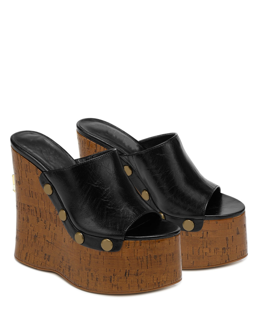 Peep-toe Platform Wedge Mules with Cork Heel & Stud Detail