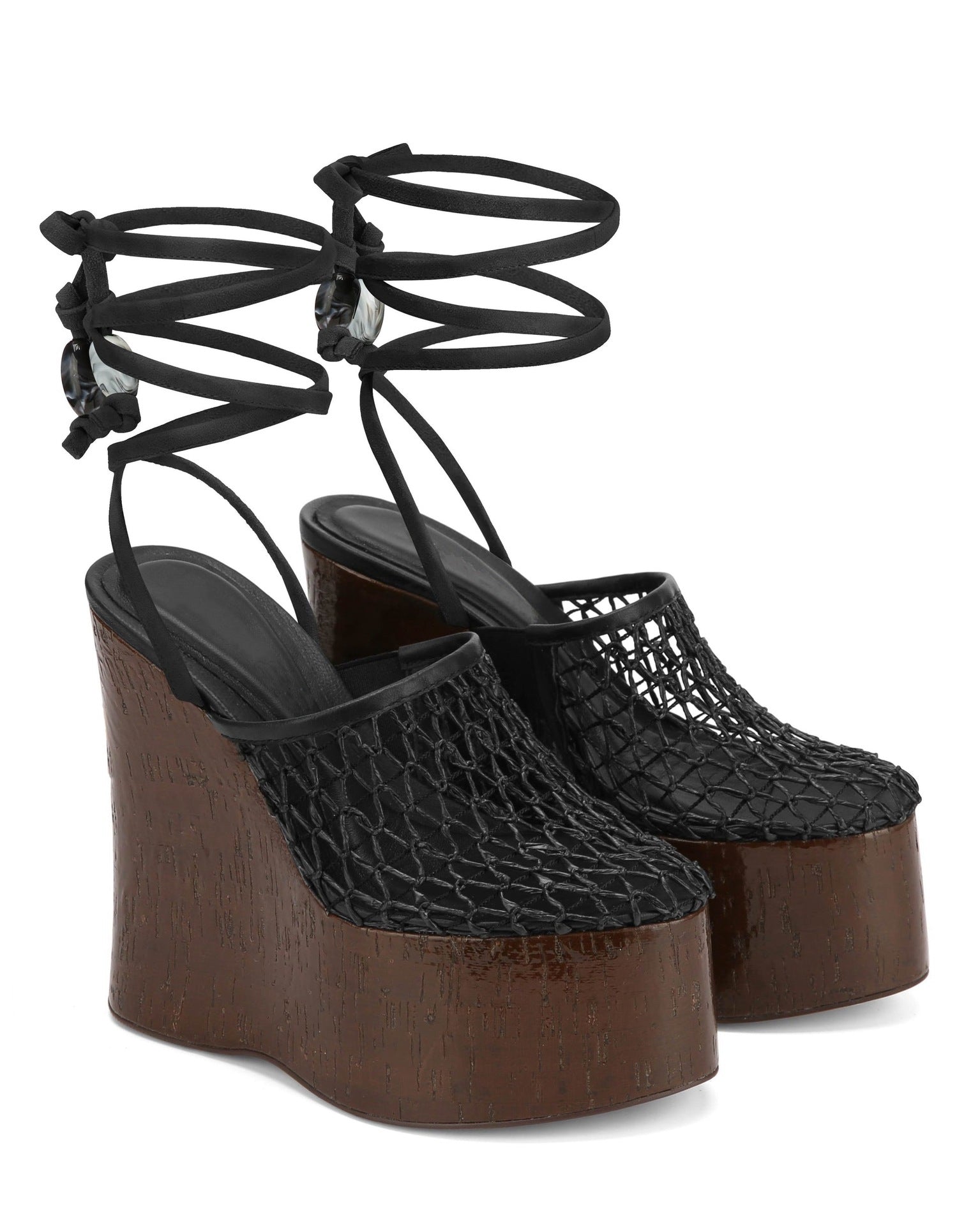 Woven Mesh Platform Wedge Sandals with Cork Heel & Beaded Ankle Wrap