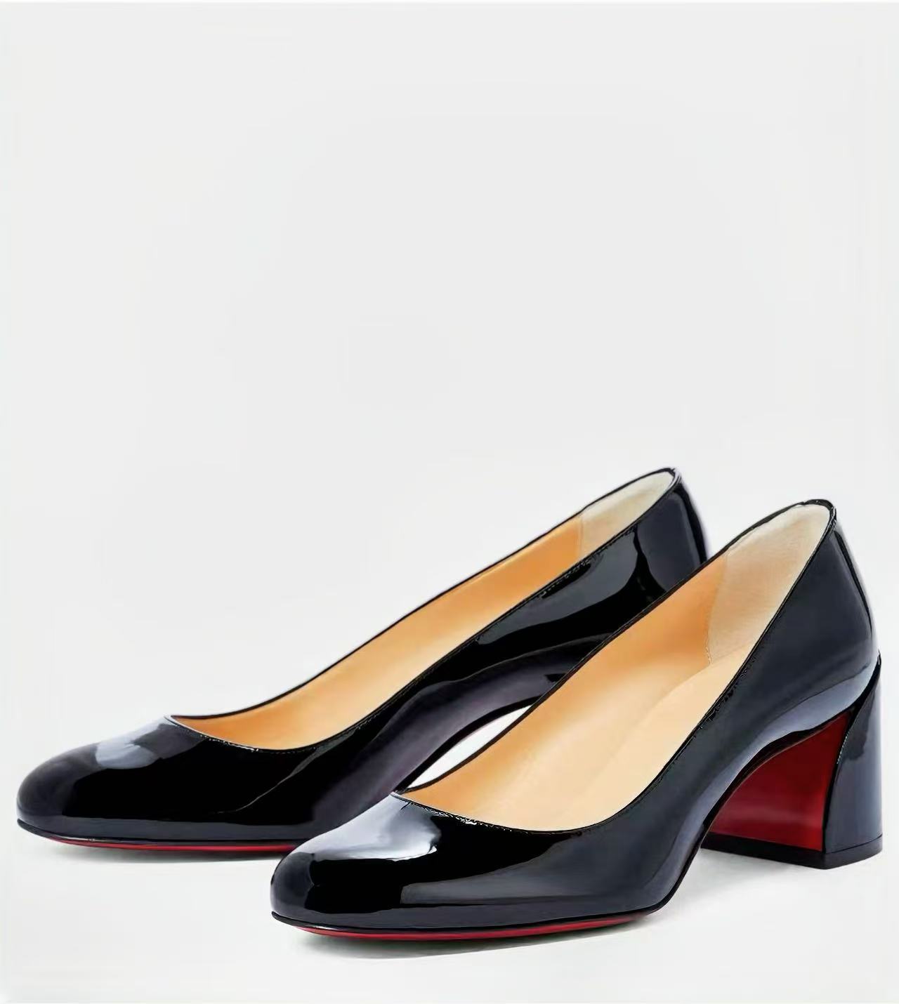 Black Patent Leather Block Heel Pumps with Red Sole