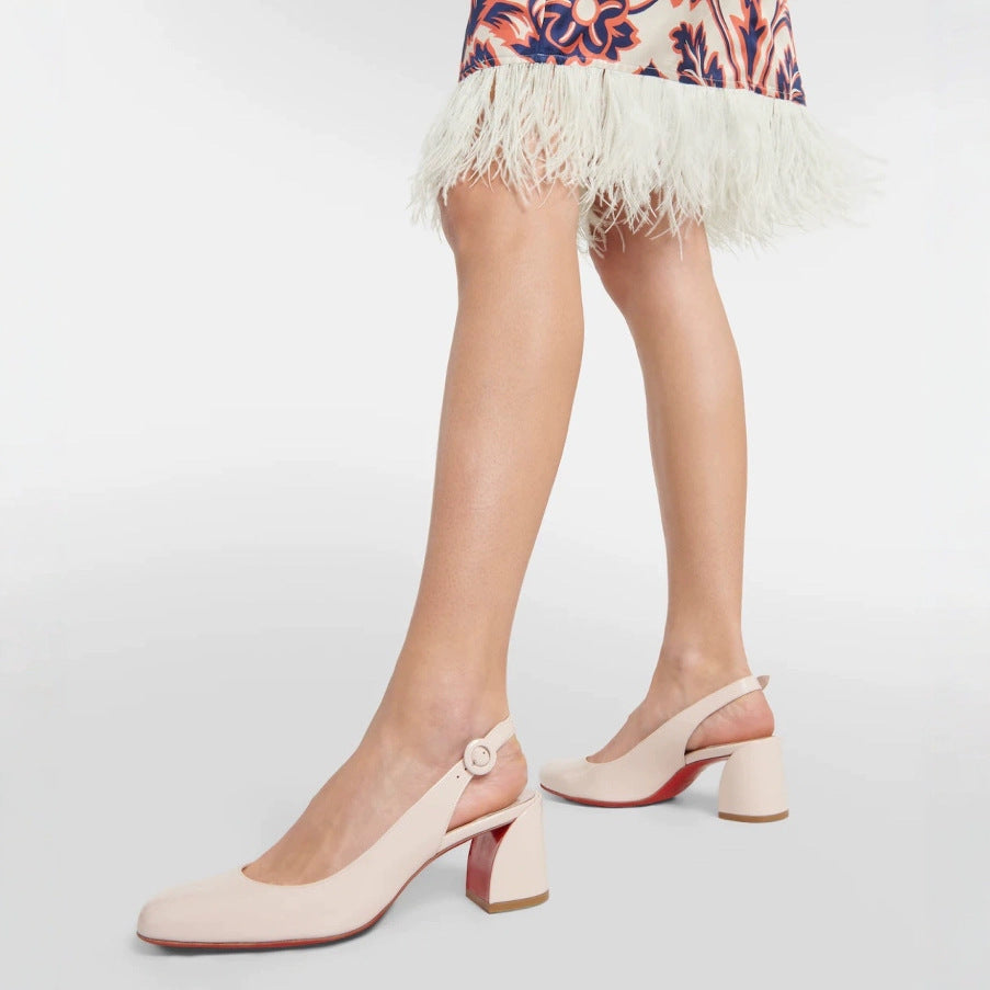 Patent Leather Slingback Block Heel Pumps with Red Sole