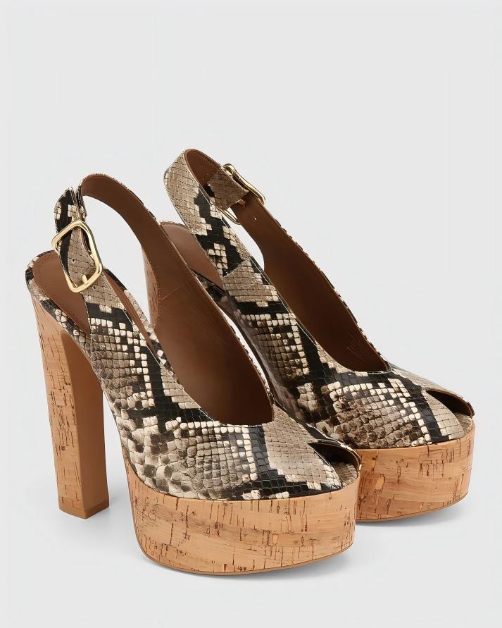 Cork Heel Peep-Toe Slingback Sandals