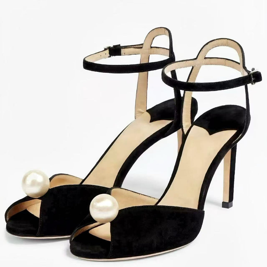 Ivory Lace Peep-toe Bridal Sandals with Pearl Detail & Ankle Strap