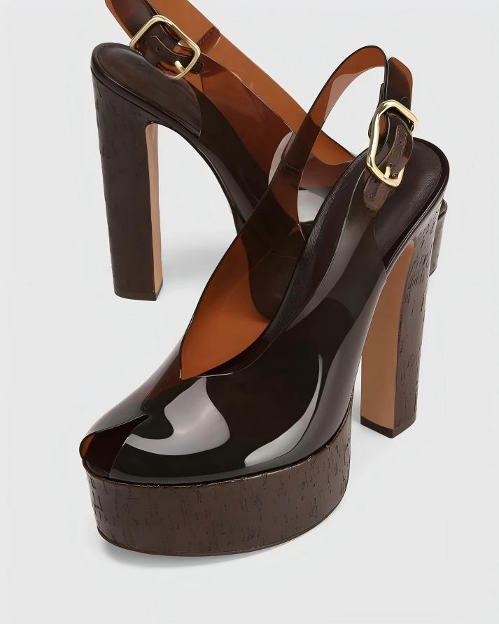 Cork Heel Peep-Toe Slingback Sandals