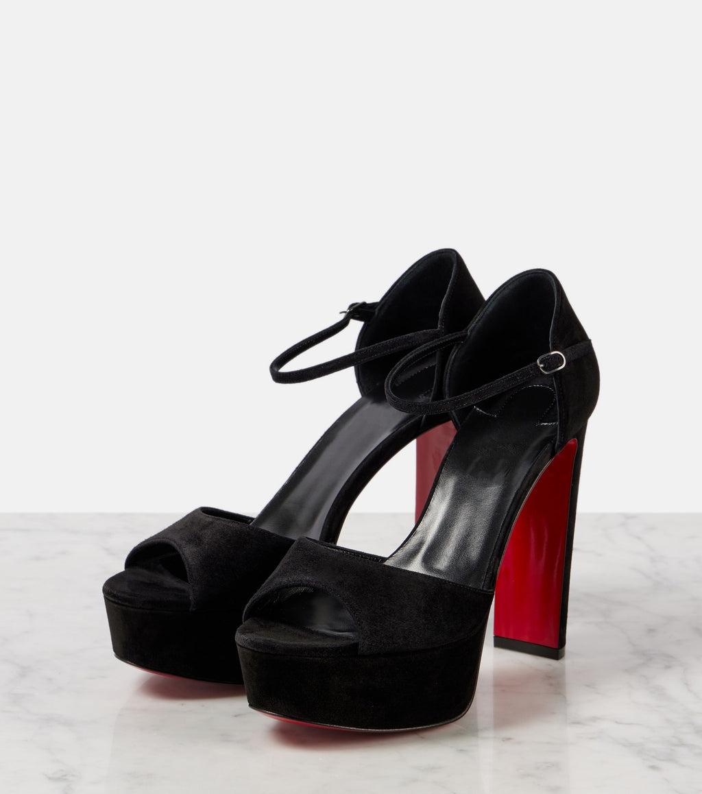Black Suede Platform Block Heel Sandals with Red Sole