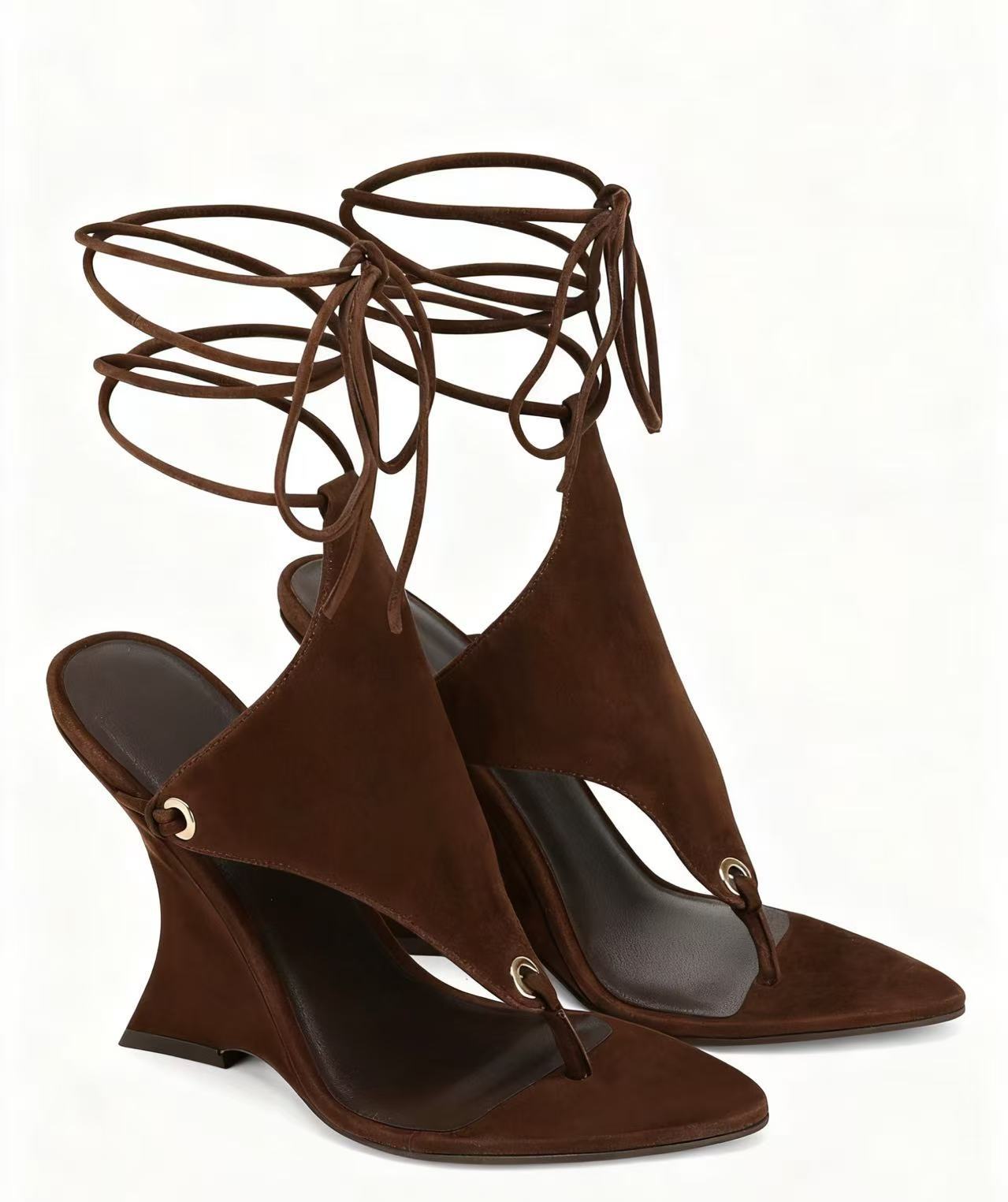 Sculptural Wedge Thong Sandals with Ankle Wrap